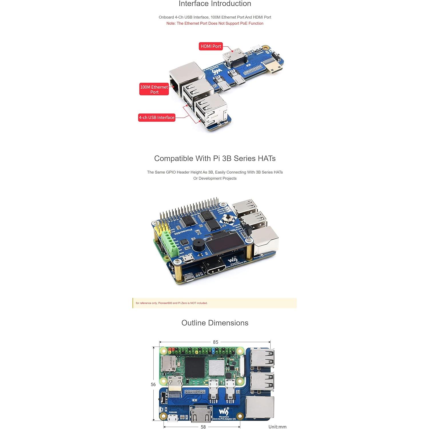 Adaptador Raspberry Pi Zero a 3B Coolwell - USB, Ethernet RJ45