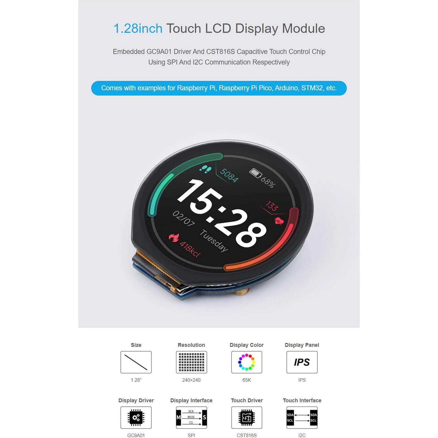 Pantalla LCD Táctil Redonda Coolwell 1.28" 240x240 para Raspberry Pi