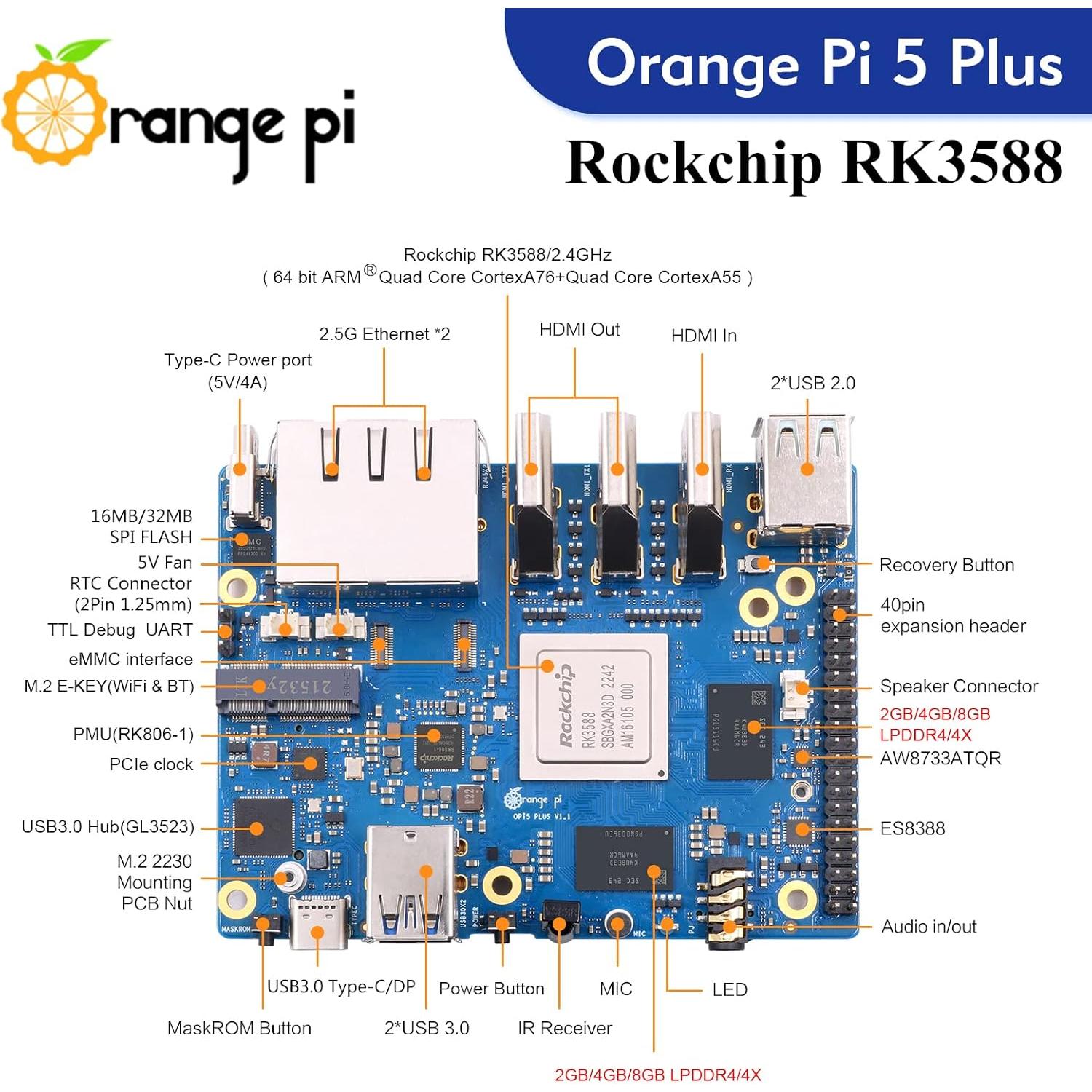 Computadora de Placa Única Orange Pi 5 Plus 8GB 2.4GHz