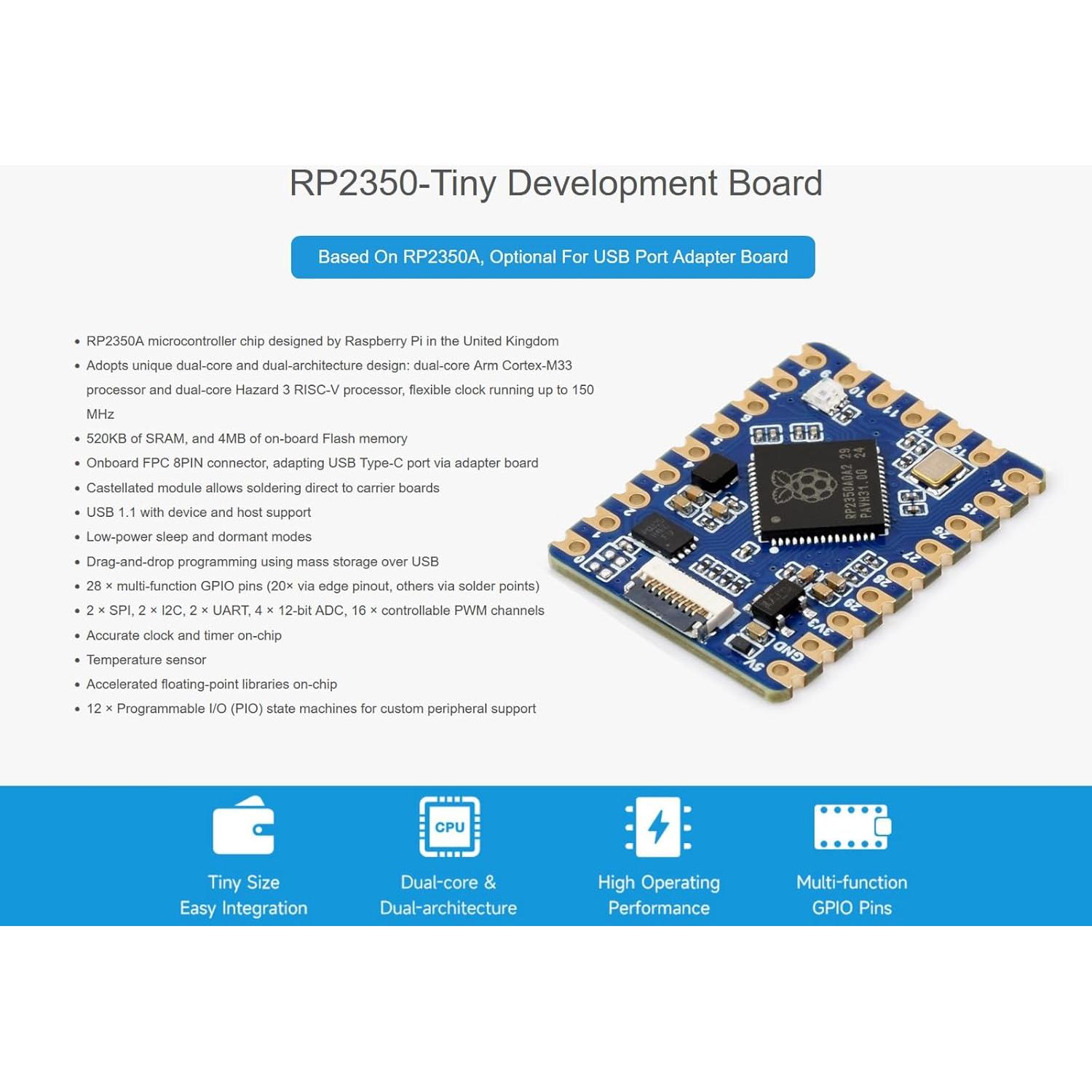 Placa de Desarrollo Waveshare RP2350-Tiny 10g 2.34x1.78cm