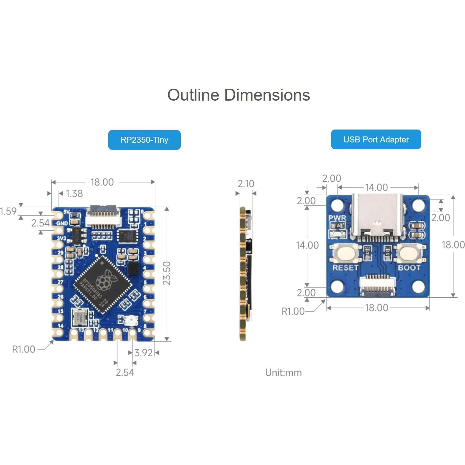 Placa de Desarrollo Waveshare RP2350-Tiny 10g 2.34x1.78cm