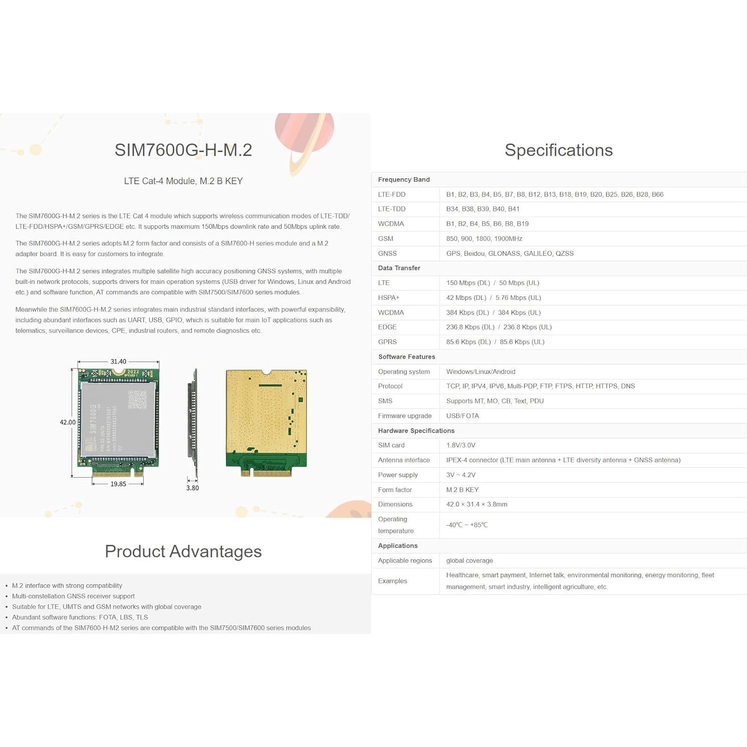 Módulo 4G LTE Waveshare SIM7600G-H-M.2 GNSS M.2 B Key