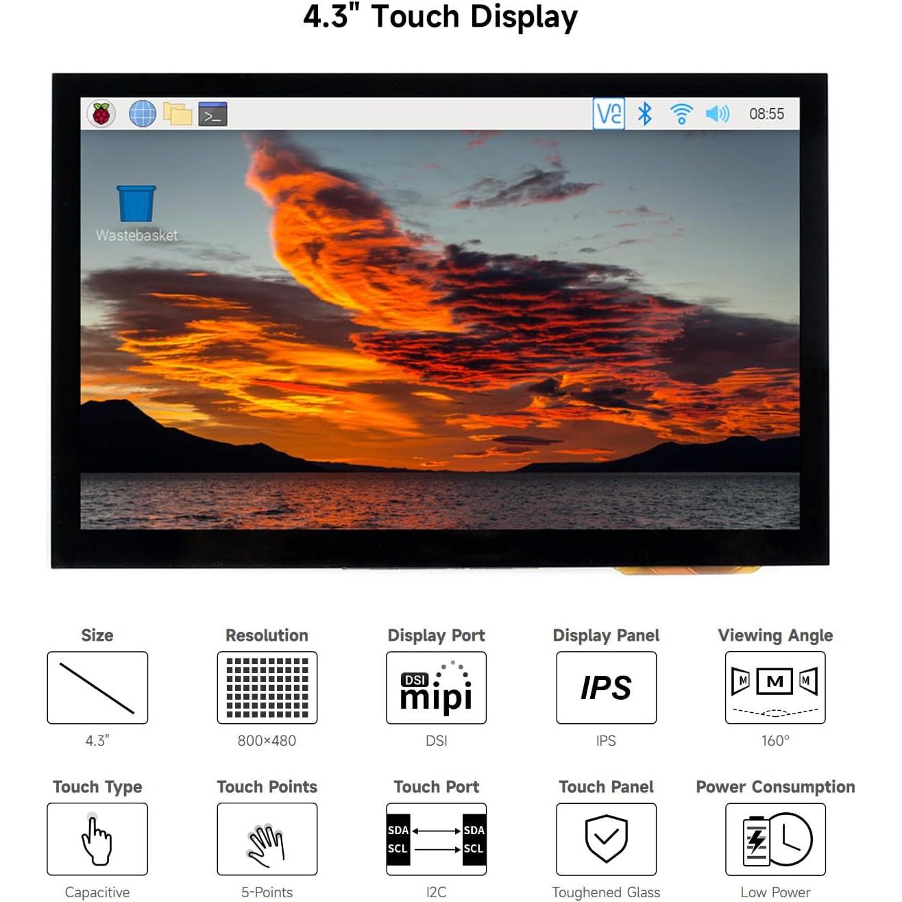 Pantalla Táctil Capacitiva 4.3" Waveshare 800x480 MIPI DSI