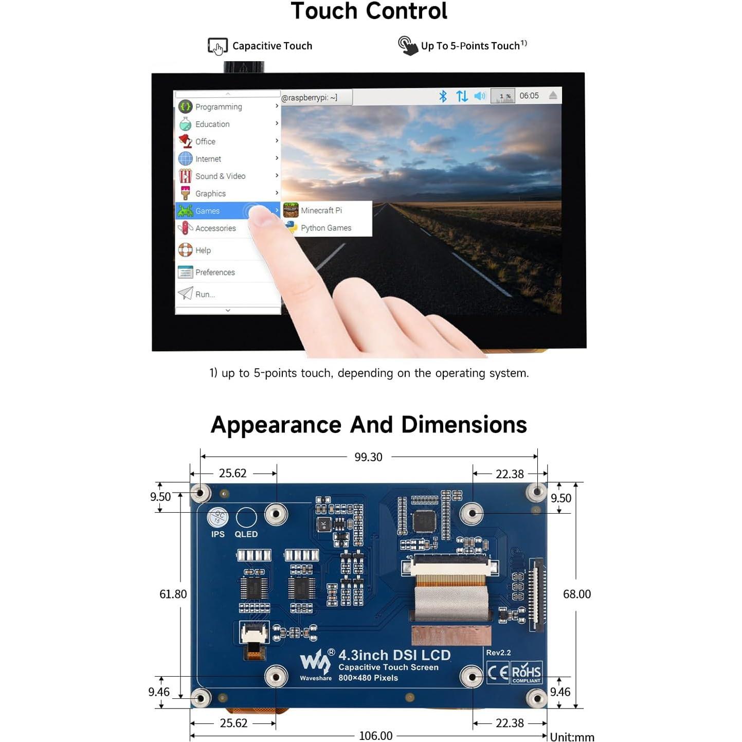 Pantalla Táctil Capacitiva 4.3" Waveshare 800x480 MIPI DSI