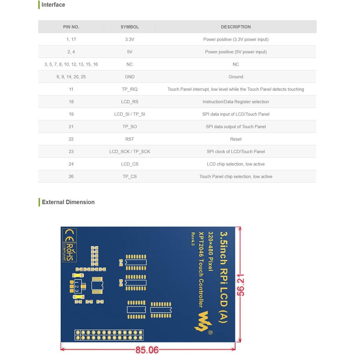 Pantalla Táctil Waveshare 3.5" LCD 480x320 para Raspberry Pi