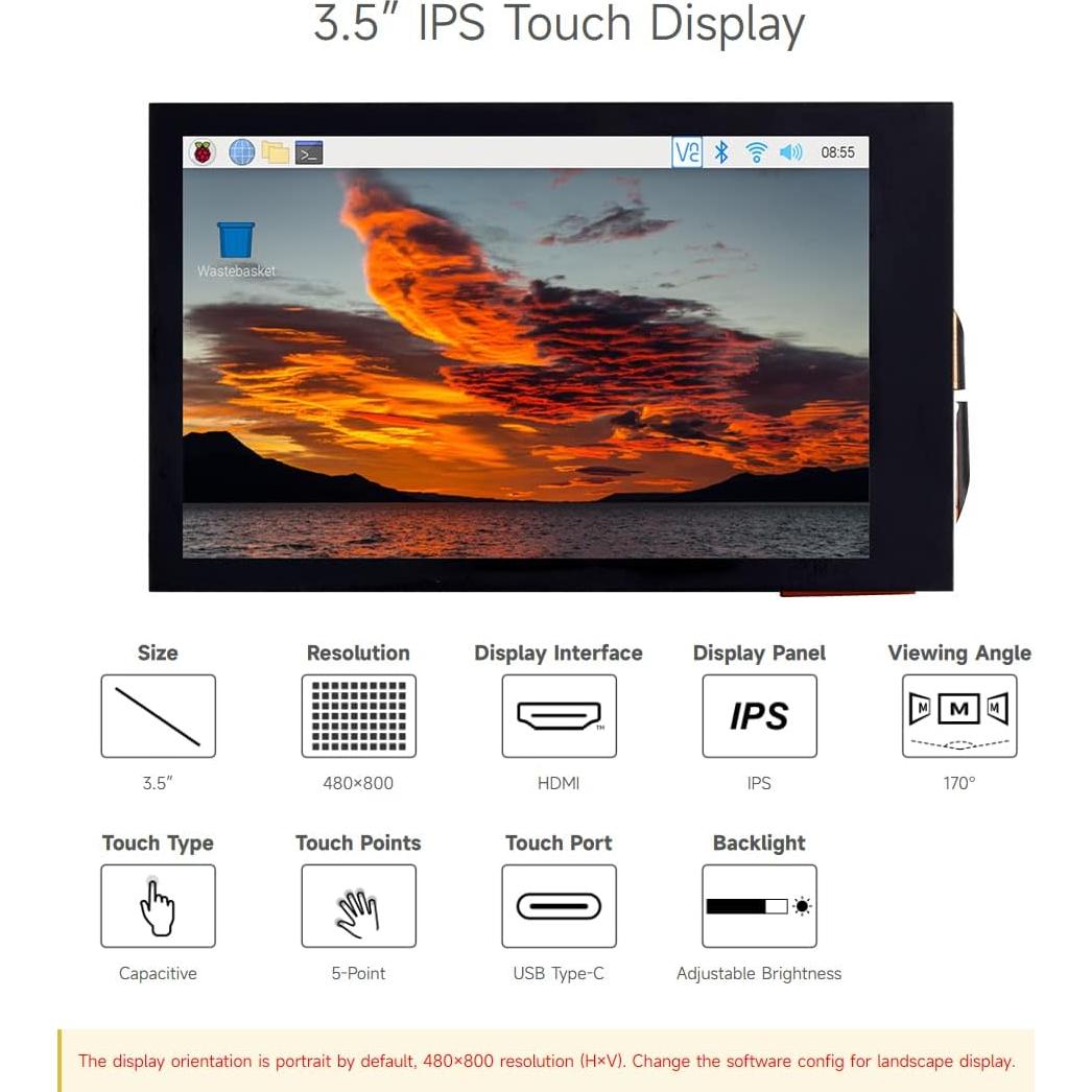 Pantalla LCD táctil Waveshare 3.5" 480x800 para Raspberry Pi