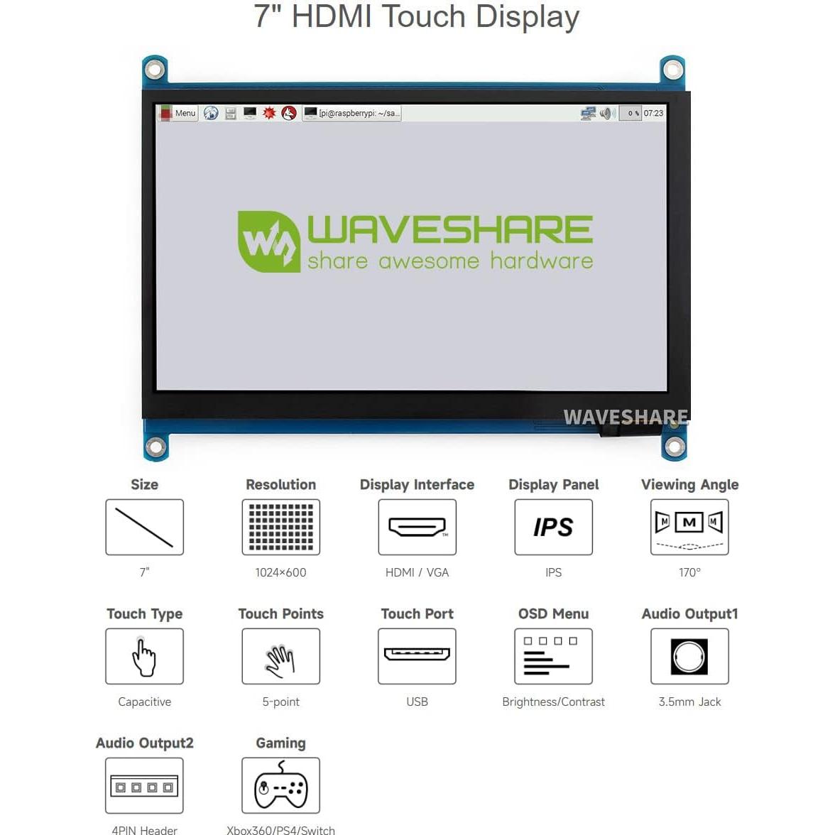 Pantalla LCD Táctil 7" Waveshare 1024x600 HDMI para Raspberry Pi