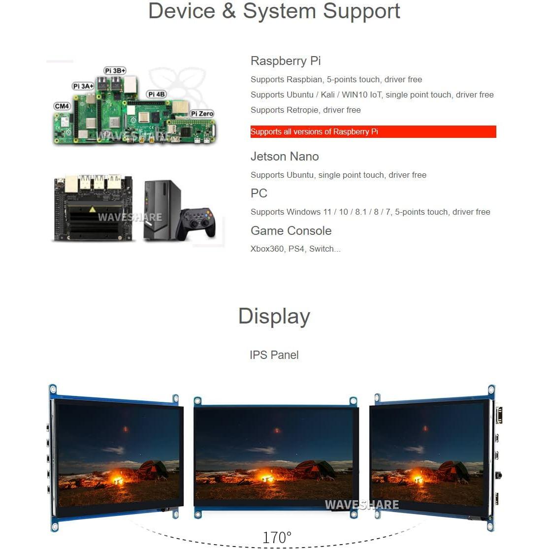 Pantalla LCD Táctil 7" Waveshare 1024x600 HDMI para Raspberry Pi