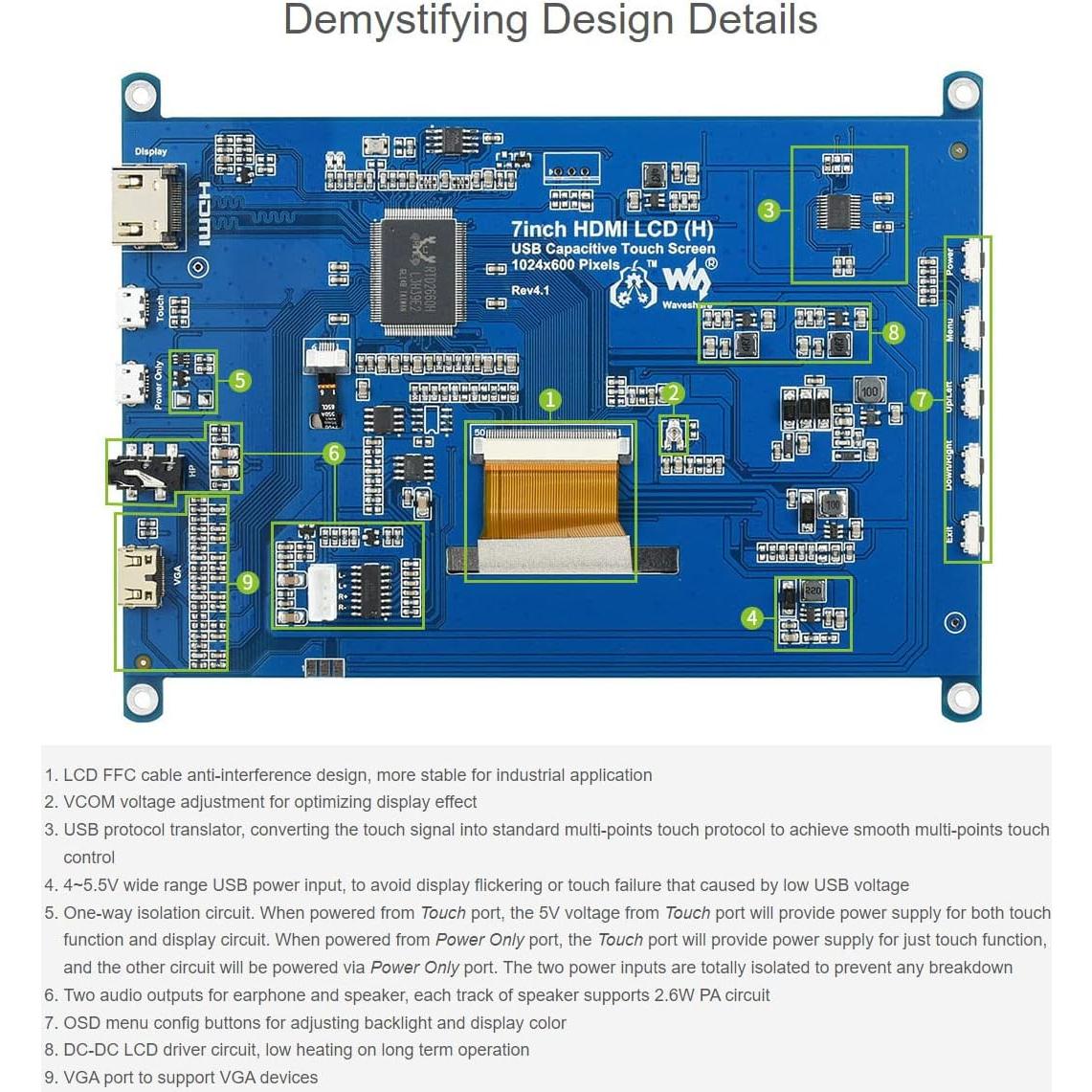 Pantalla LCD Táctil 7" Waveshare 1024x600 HDMI para Raspberry Pi