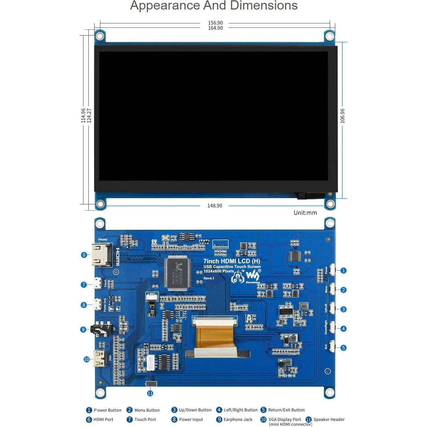Pantalla LCD Táctil 7" Waveshare 1024x600 HDMI para Raspberry Pi