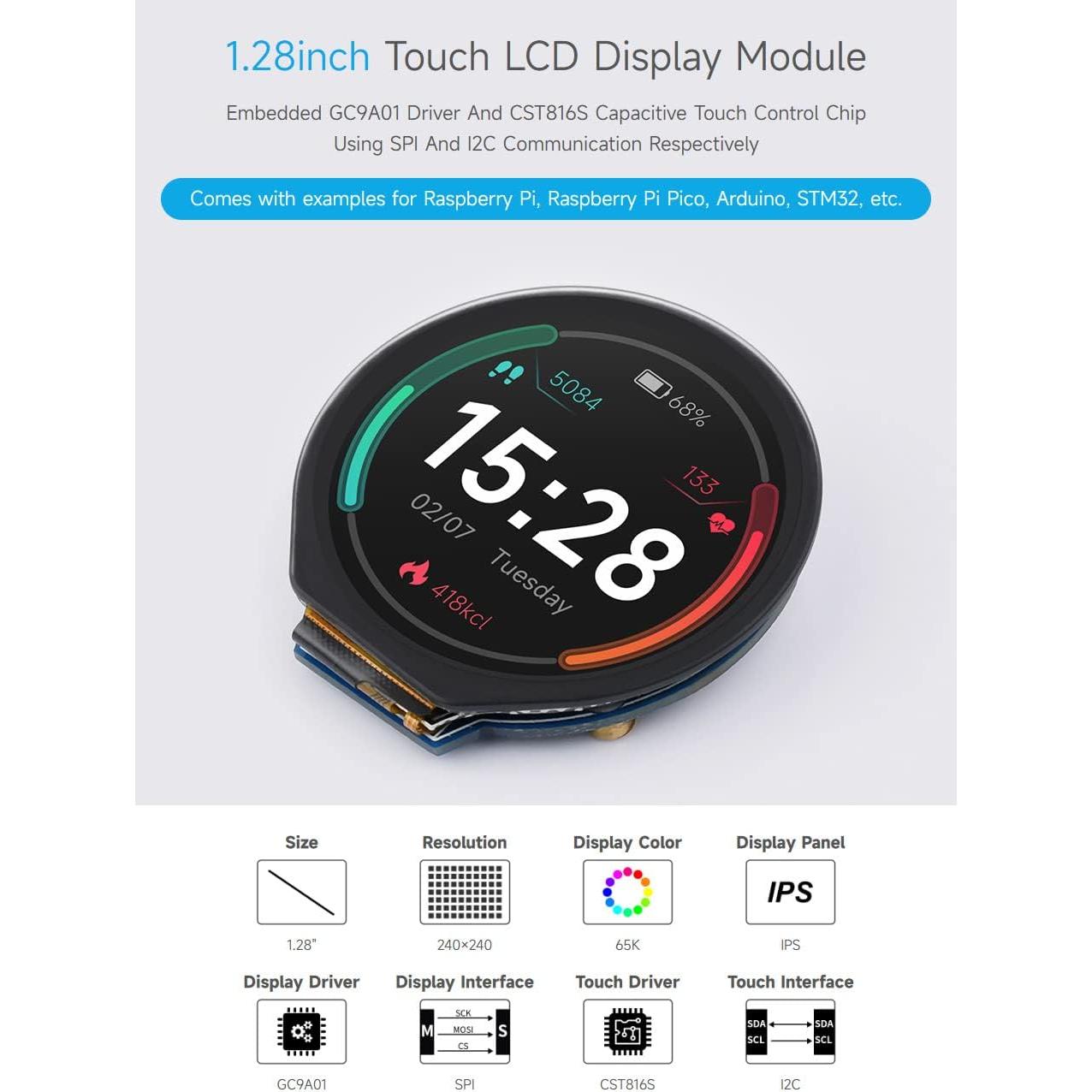 Waveshare 1.28inch Round LCD Display Module with Touch Panel, 240×240 Resolution, IPS, SPI and I2C Communication, Compatible with Raspberry Pi 5/4B/3B/Zero/Zero W/Zero 2W/Pico/Pico W/Pico WH