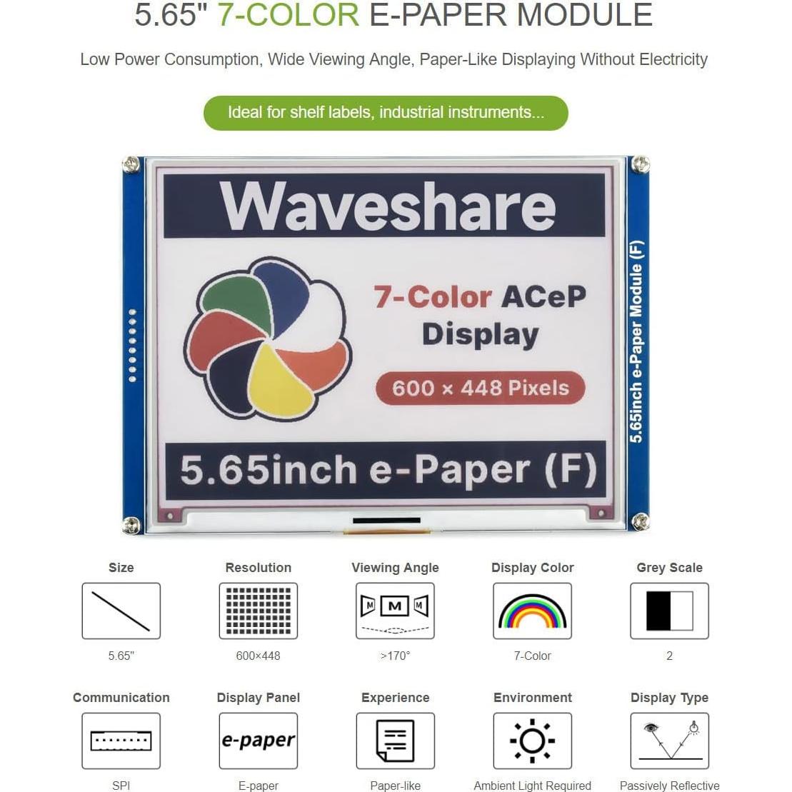 Módulo E-Paper Colorido 5.65" Waveshare para Raspberry Pi