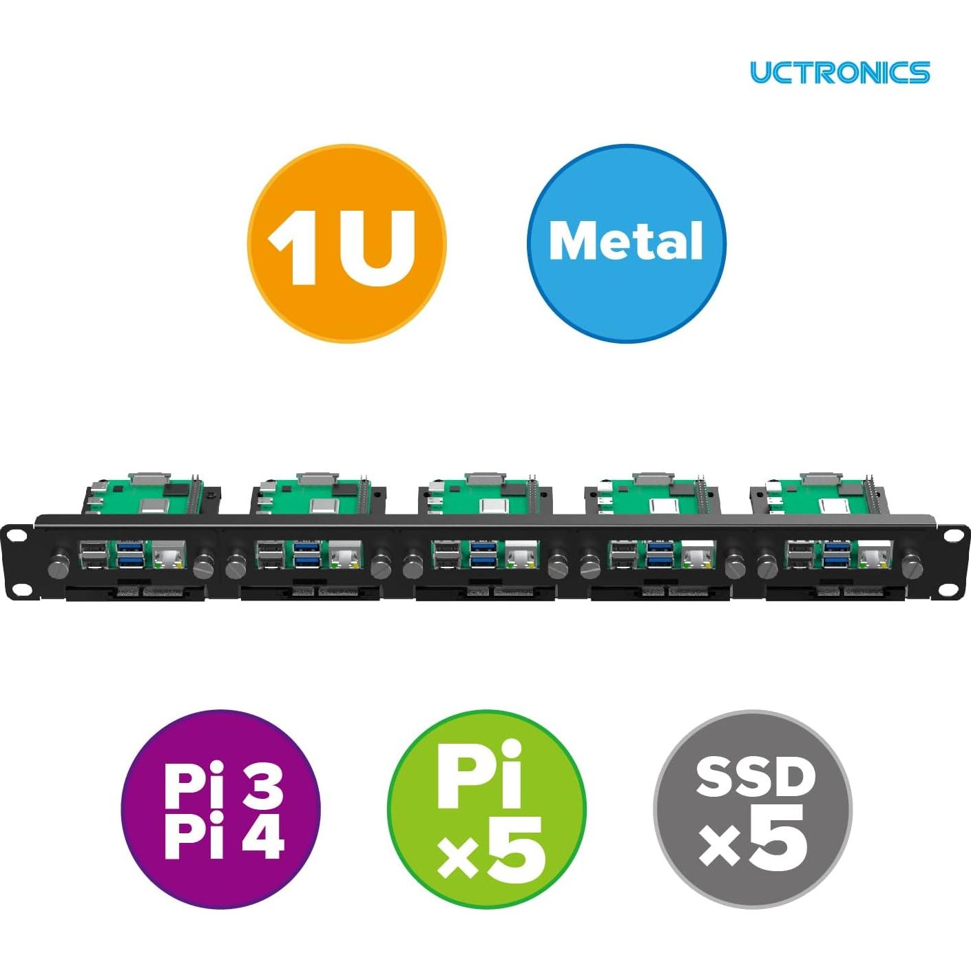 UCTRONICS Rack 19" 1U para 5 Raspberry Pi y 5 SSDs 2.5"