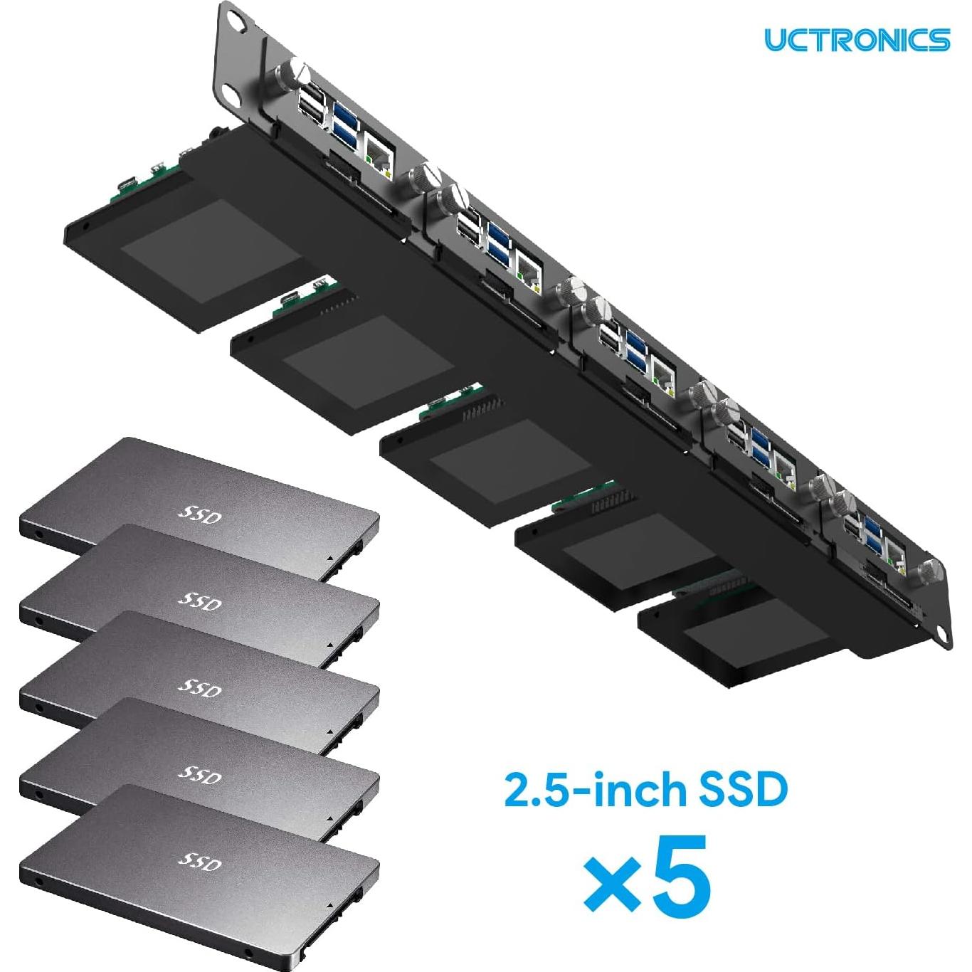 UCTRONICS Rack 19" 1U para 5 Raspberry Pi y 5 SSDs 2.5"