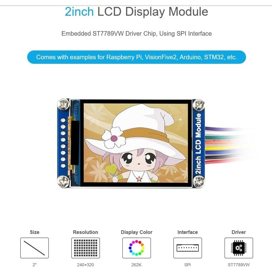 Módulo Pantalla LCD 2" IPS Wonrabai 240x320 SPI para Raspberry Pi