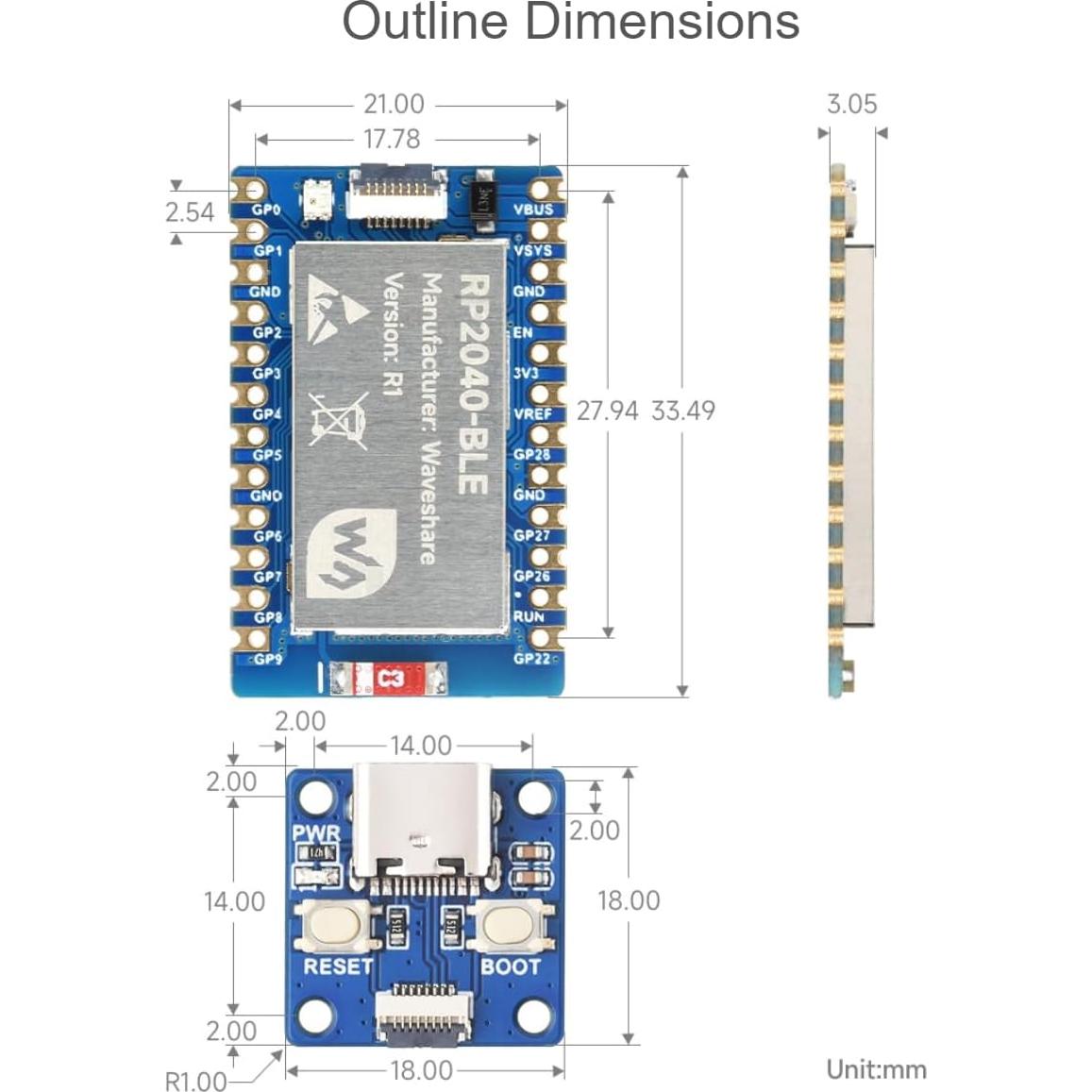Placa de desarrollo RP2040-BLE Waveshare Bluetooth 5.1