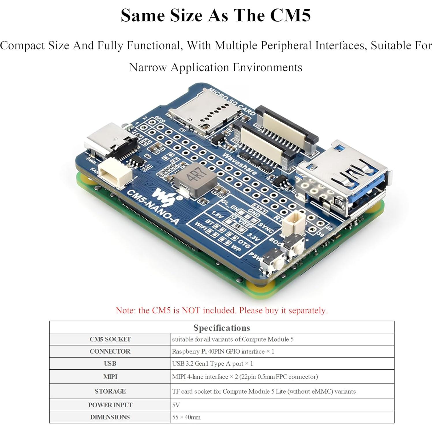 Placa Base Nano Wonrabai para Raspberry Pi CM5 - USB 3.2, GPIO 40PIN
