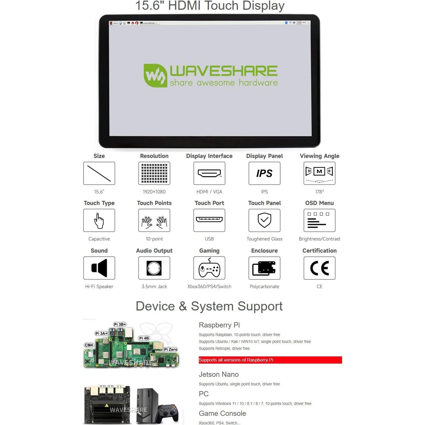 Pantalla LCD Táctil Waveshare 15.6" 1920x1080 HDMI IPS