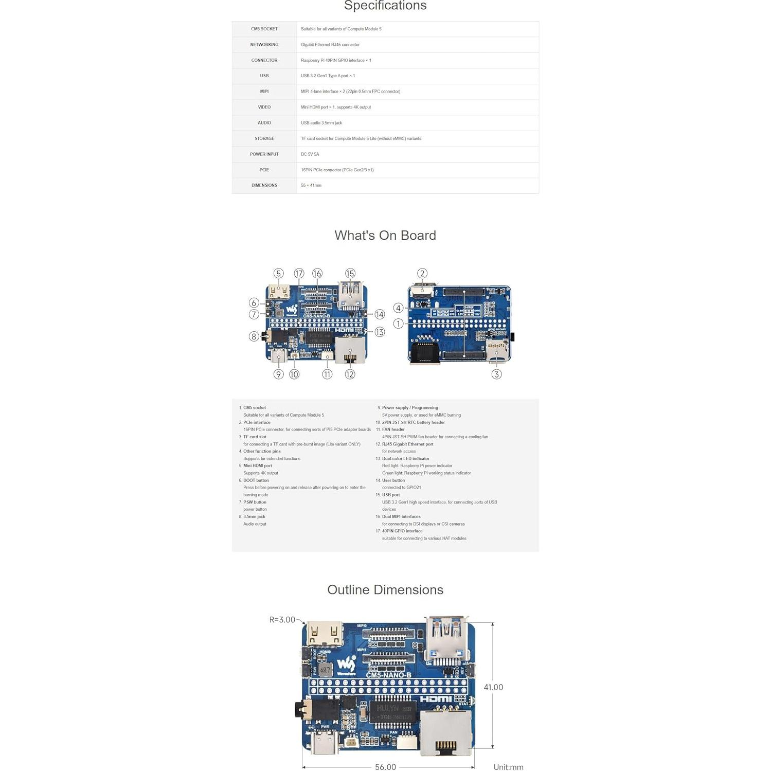 Placa Base Nano (B) iiunius para Raspberry Pi CM5 - Compacta y Versátil