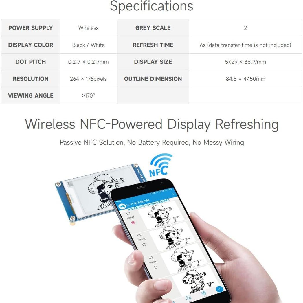 Módulo de Papel Electrónico 2.7" Waveshare NFC Pasivo