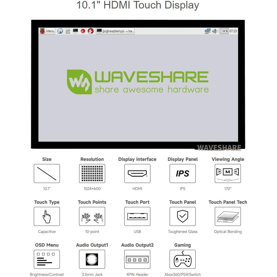 Pantalla Táctil Capacitiva LCD 10.1" Waveshare 1024x600 HDMI