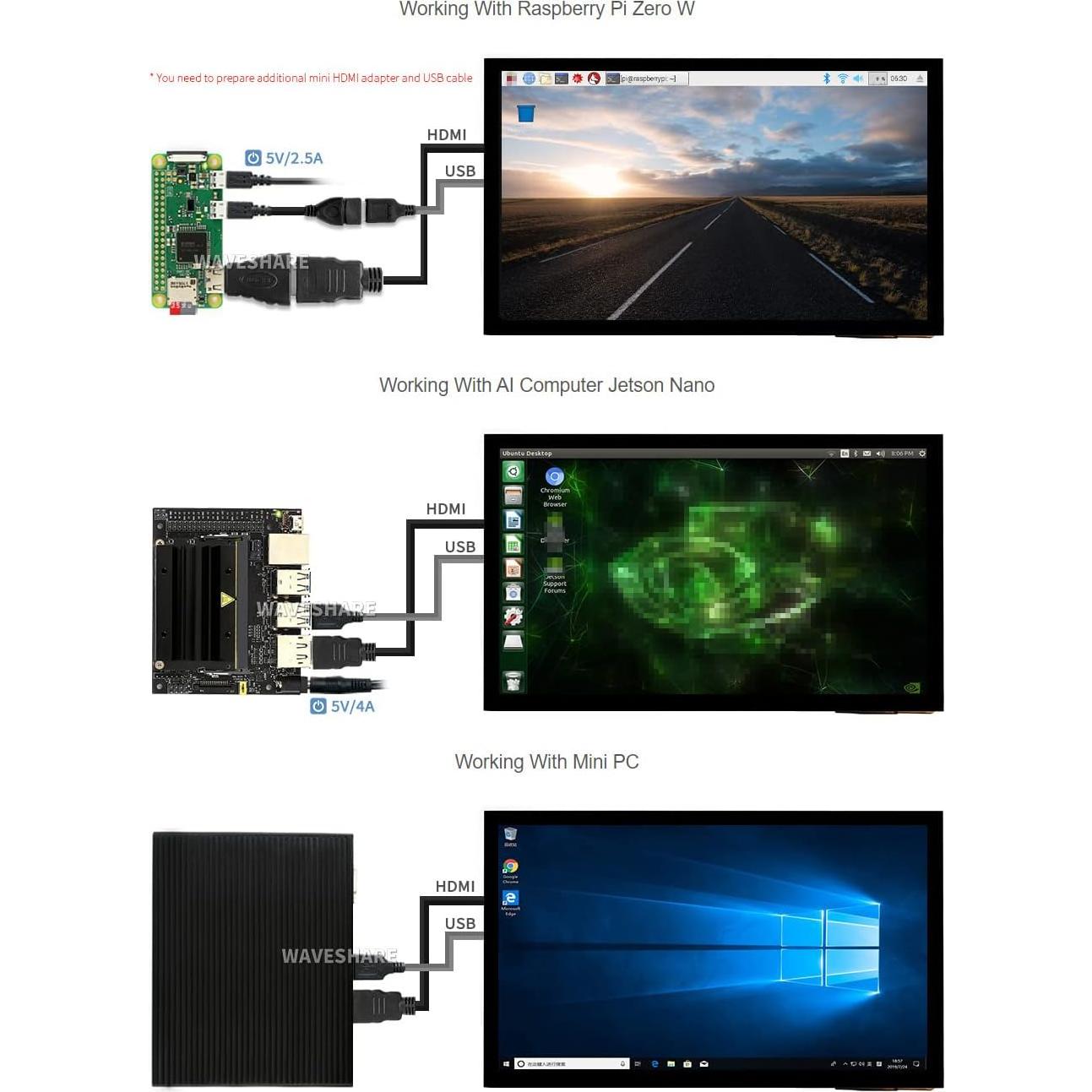Pantalla Táctil Capacitiva LCD 10.1" Waveshare 1024x600 HDMI