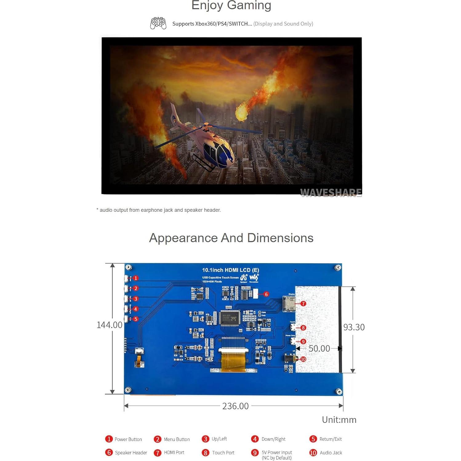 Pantalla Táctil Capacitiva LCD 10.1" Waveshare 1024x600 HDMI
