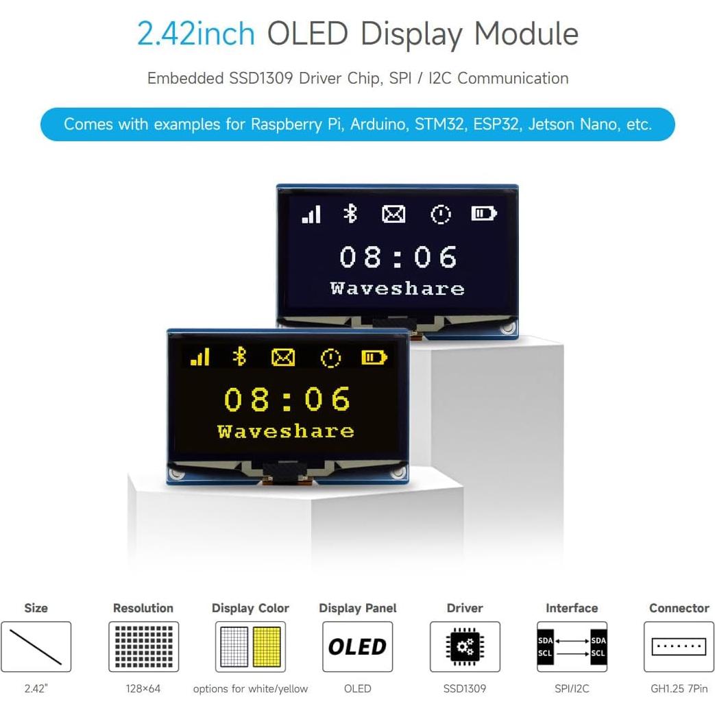 Módulo Pantalla OLED 2.42" Waveshare 128x64 SPI/I2C Blanca