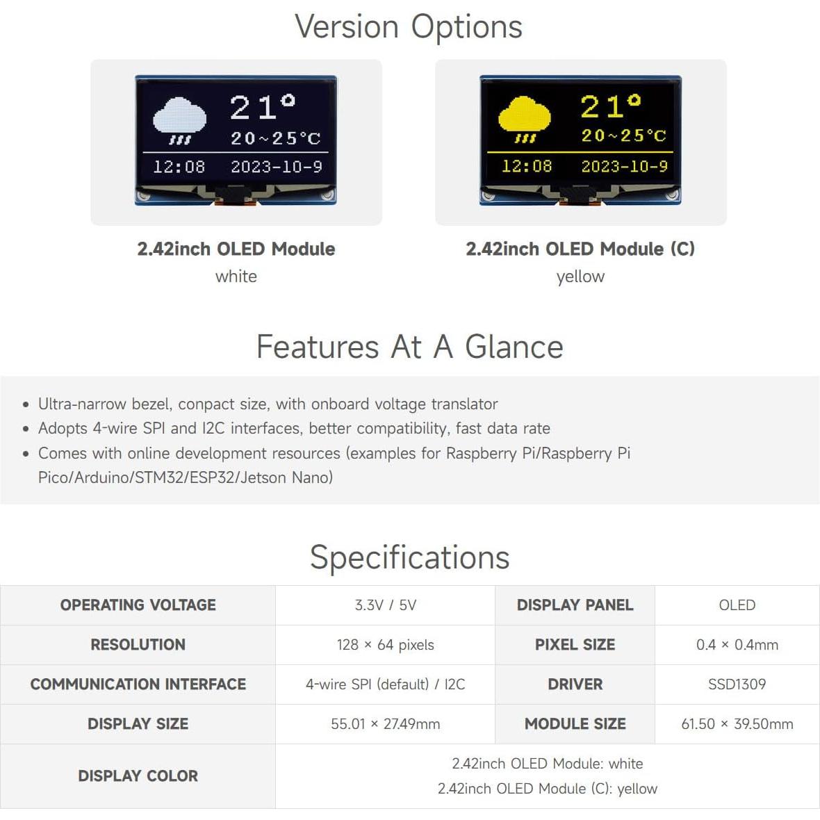 Módulo Pantalla OLED 2.42" Waveshare 128x64 SPI/I2C Blanca