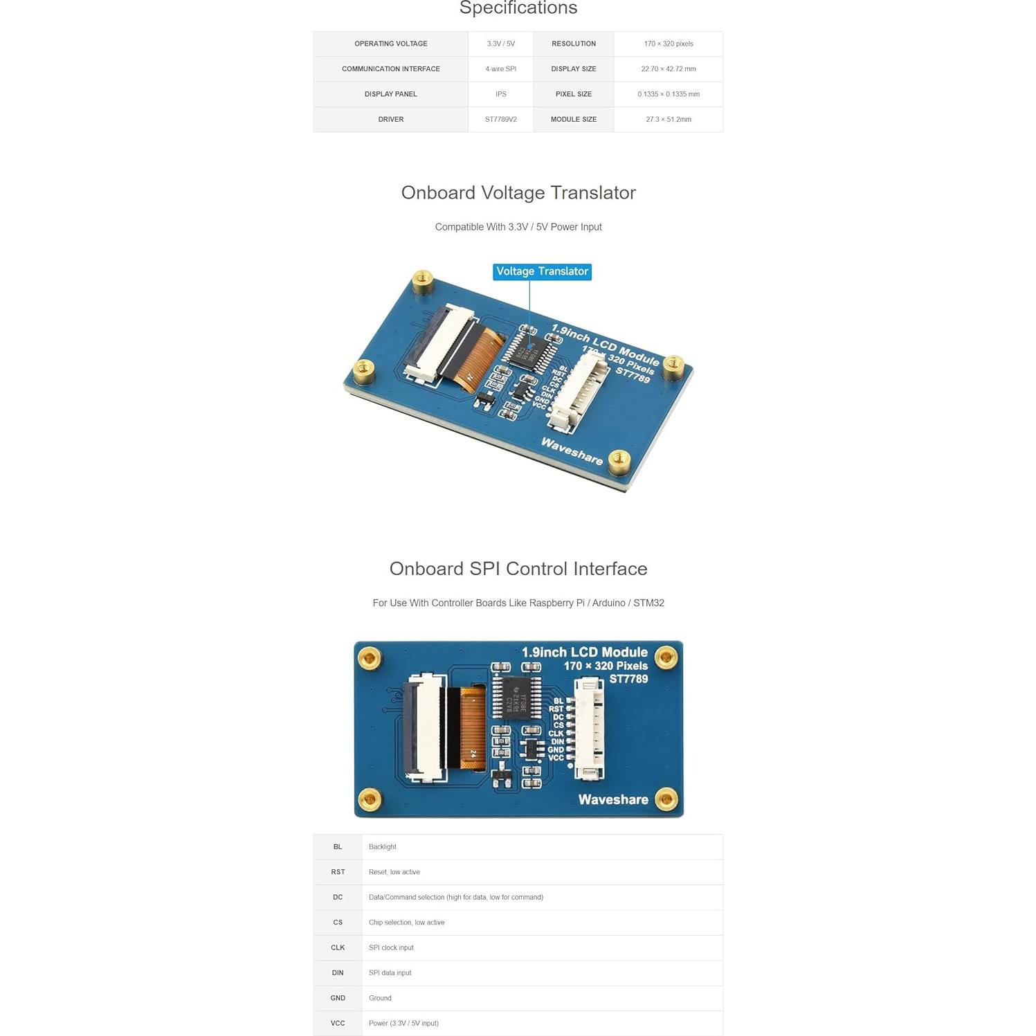 Módulo LCD 1.9" Coolwell ST7789V2 170x320 Colores 262K