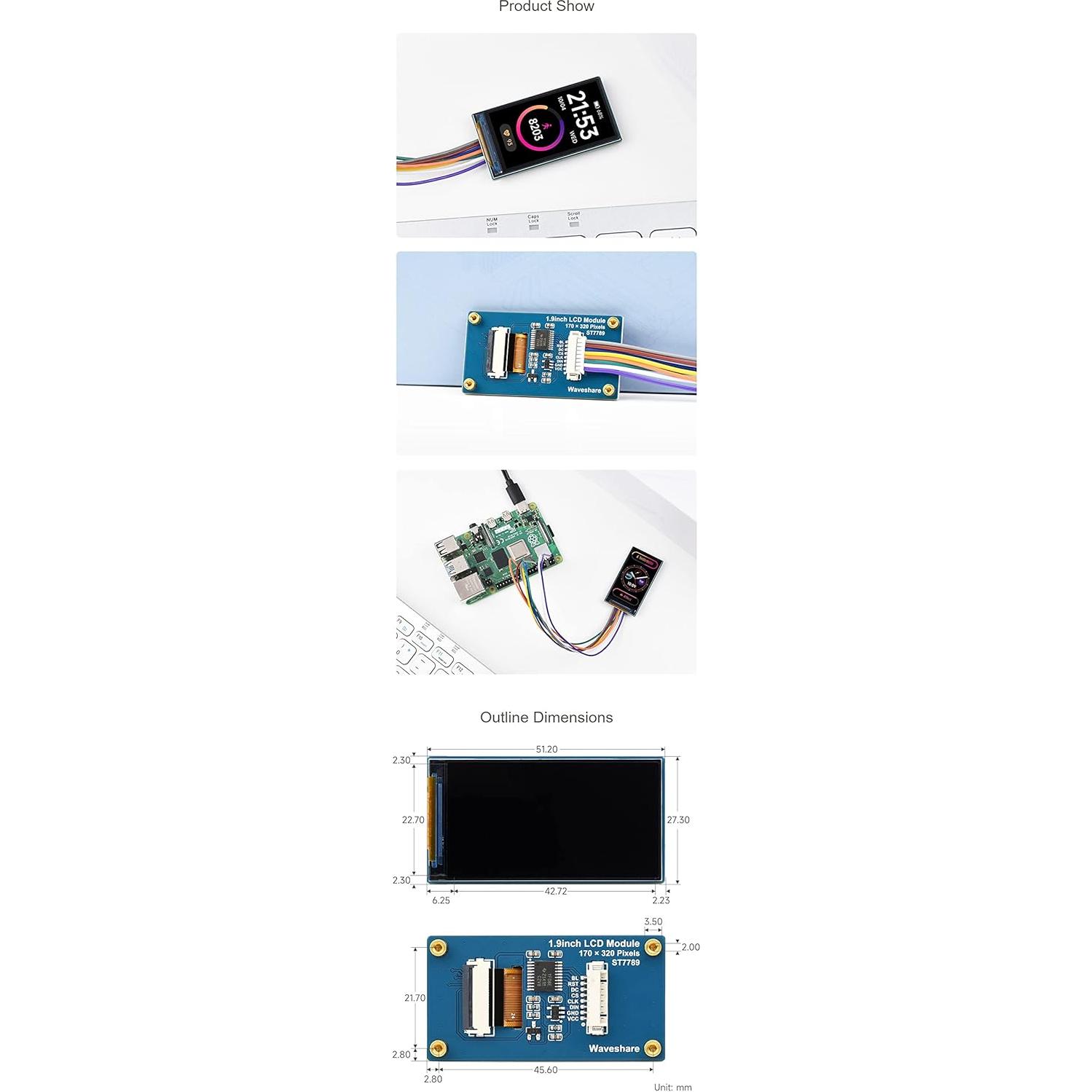 Módulo LCD 1.9" Coolwell ST7789V2 170x320 Colores 262K