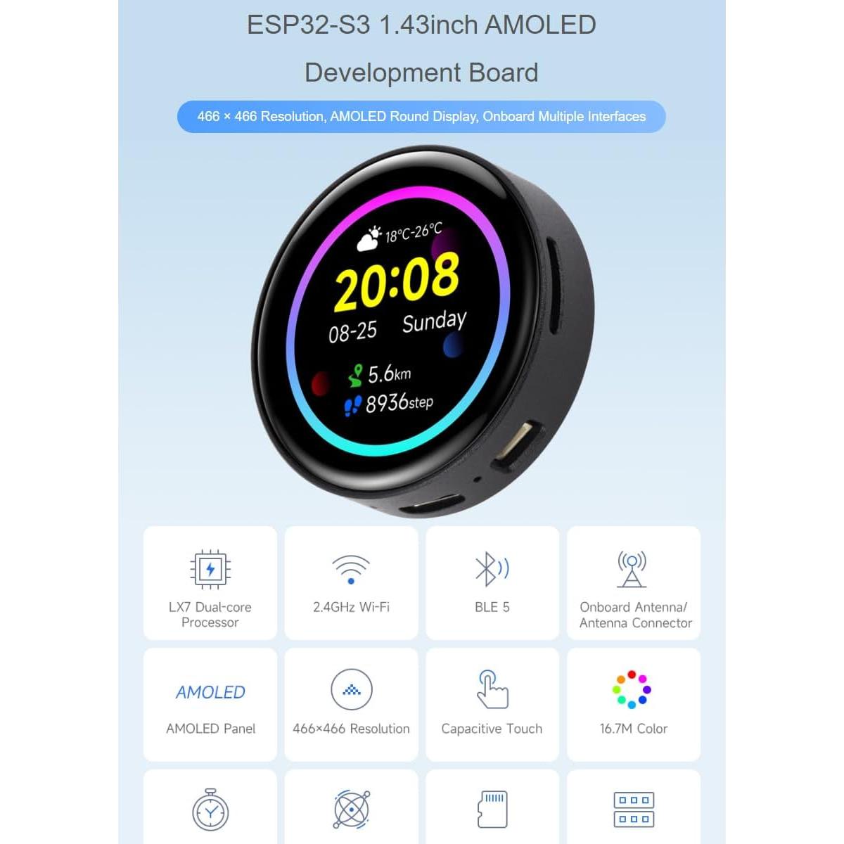 Placa de Desarrollo Waveshare ESP32-S3 AMOLED 1.43" 466x466