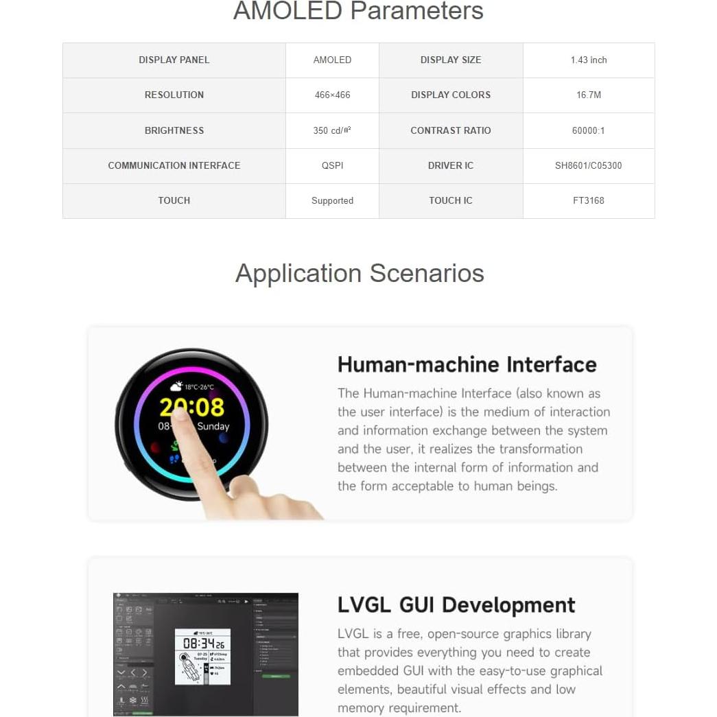 Placa de Desarrollo Waveshare ESP32-S3 AMOLED 1.43" 466x466