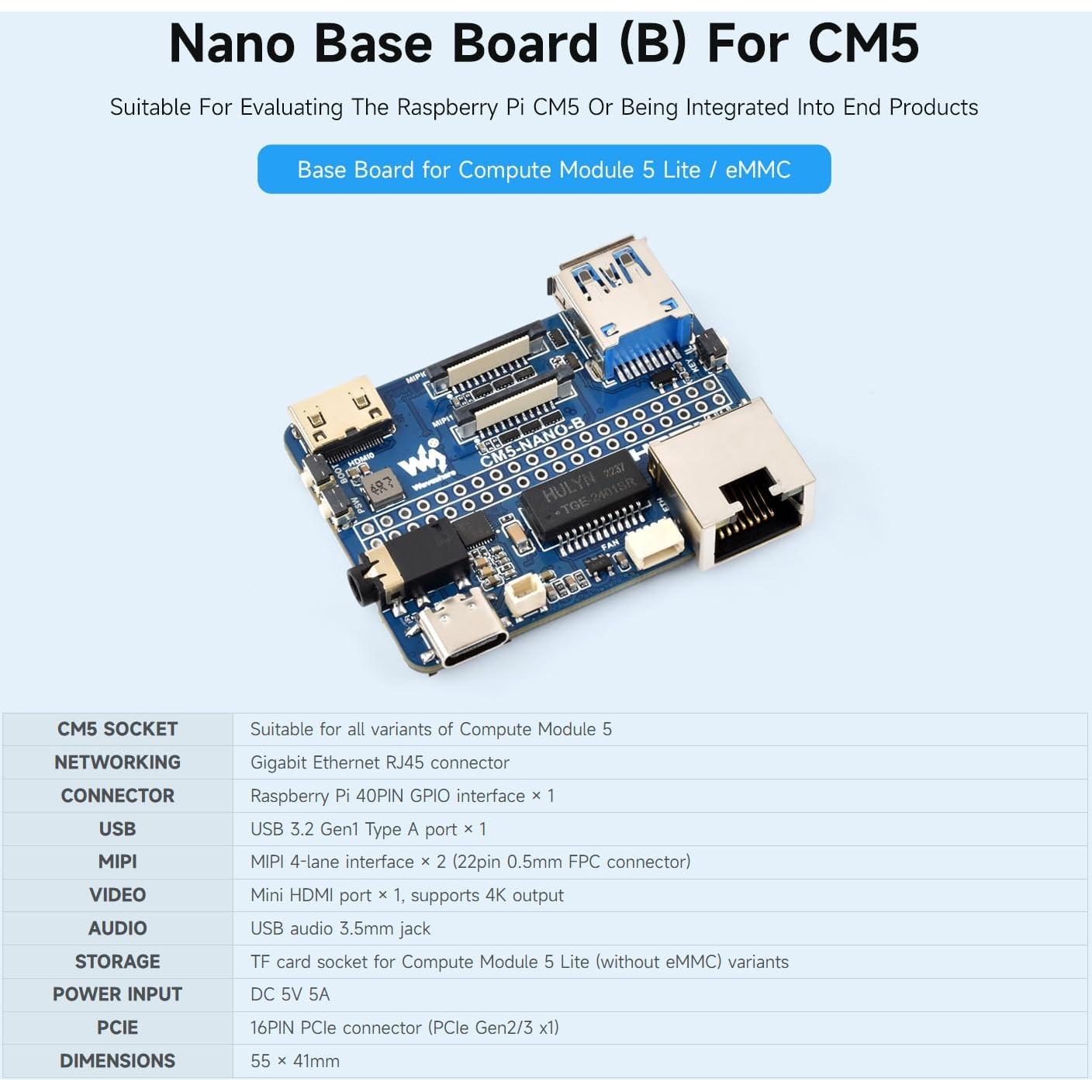 Placa Base Waveshare CM5-NANO-B para Raspberry Pi Compute Module 5
