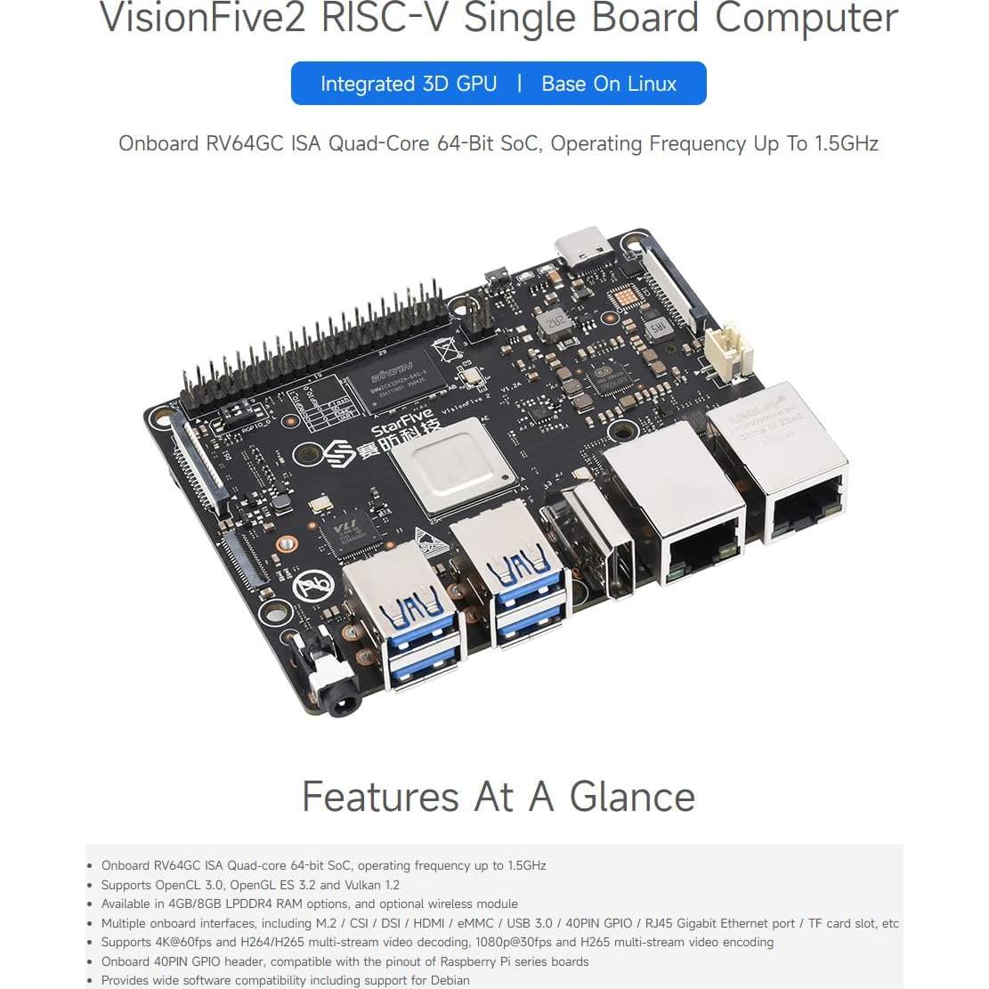 Computadora de Placa Única Waveshare VisionFive2 4GB RISC-V