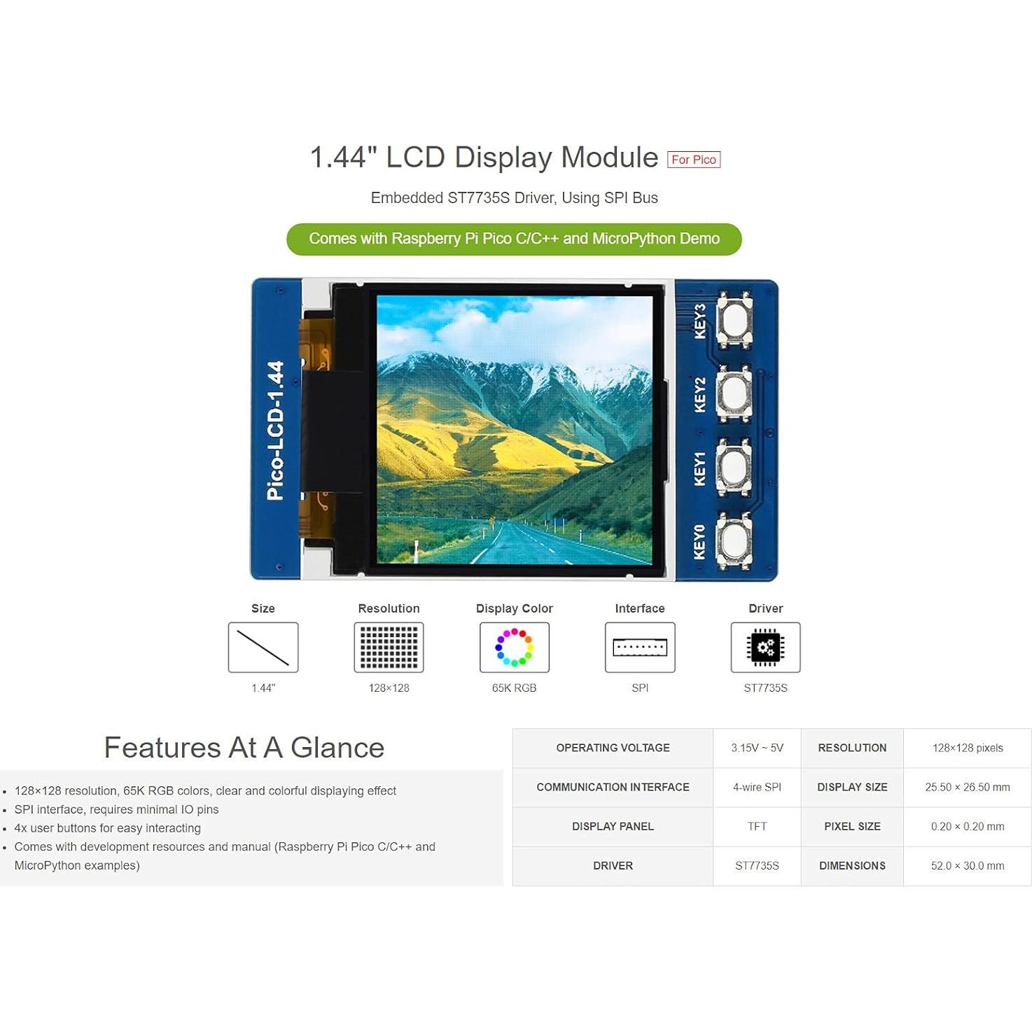 Módulo LCD 1.44" Waveshare para Raspberry Pi Pico 128x128 RGB