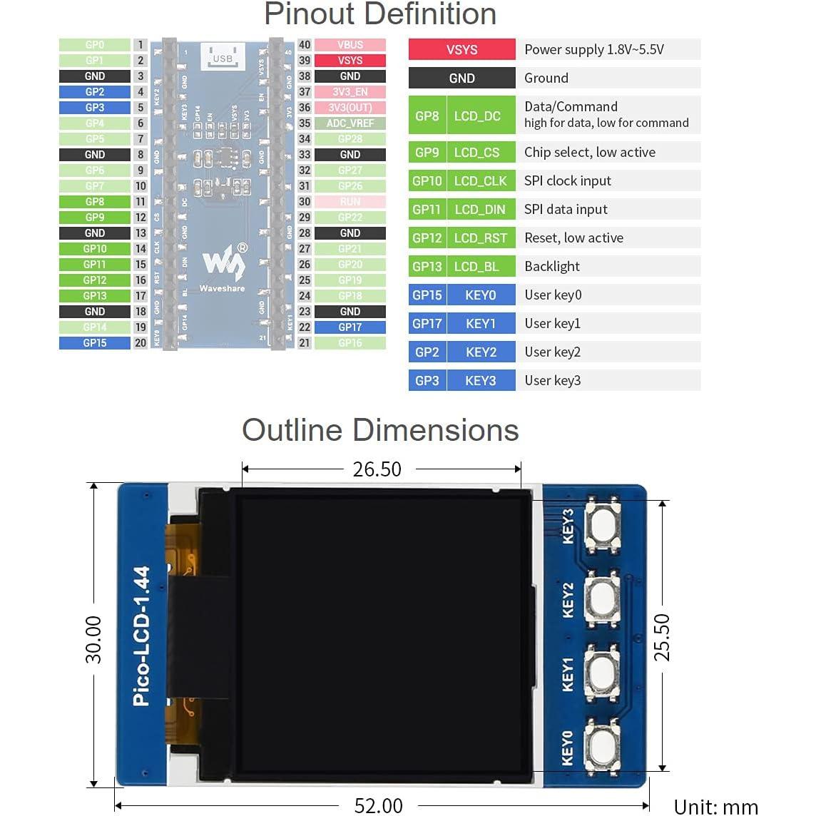 Módulo LCD 1.44" Waveshare para Raspberry Pi Pico 128x128 RGB