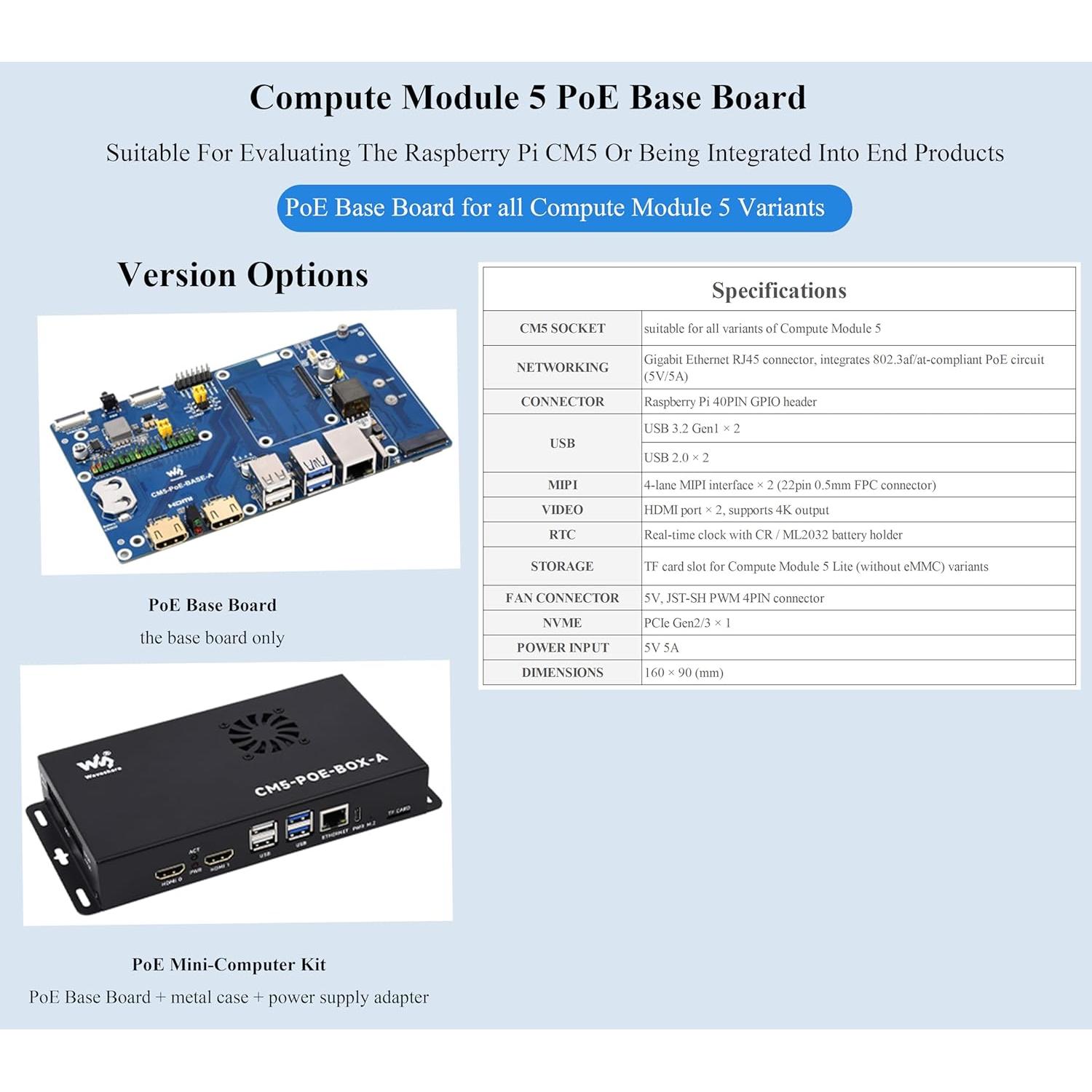 Kit Compute Module 5 Wonrabai con Placa IO y PoE, Ventilador