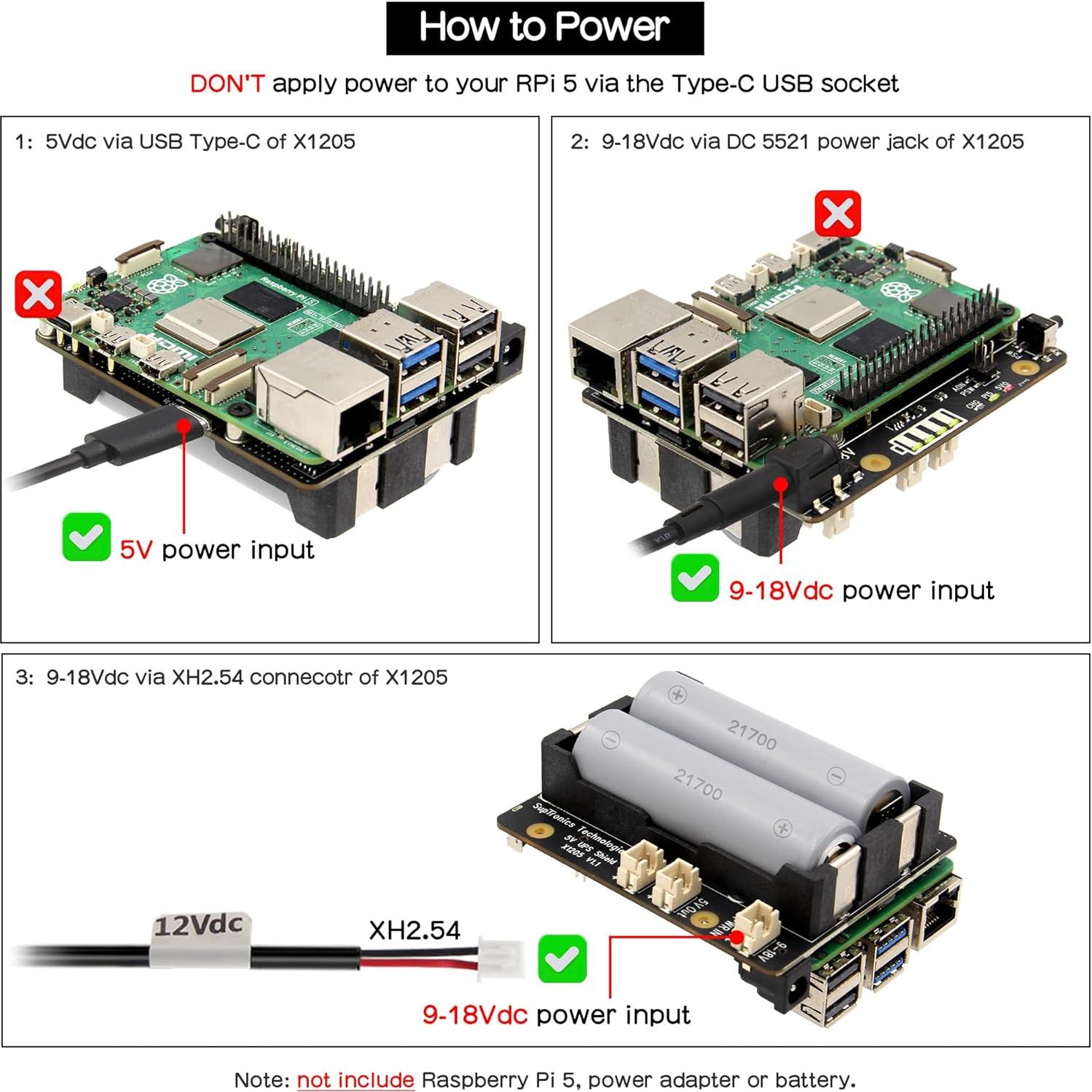Geekworm X1205 UPS HAT para Raspberry Pi 5 - 5.1V 6A