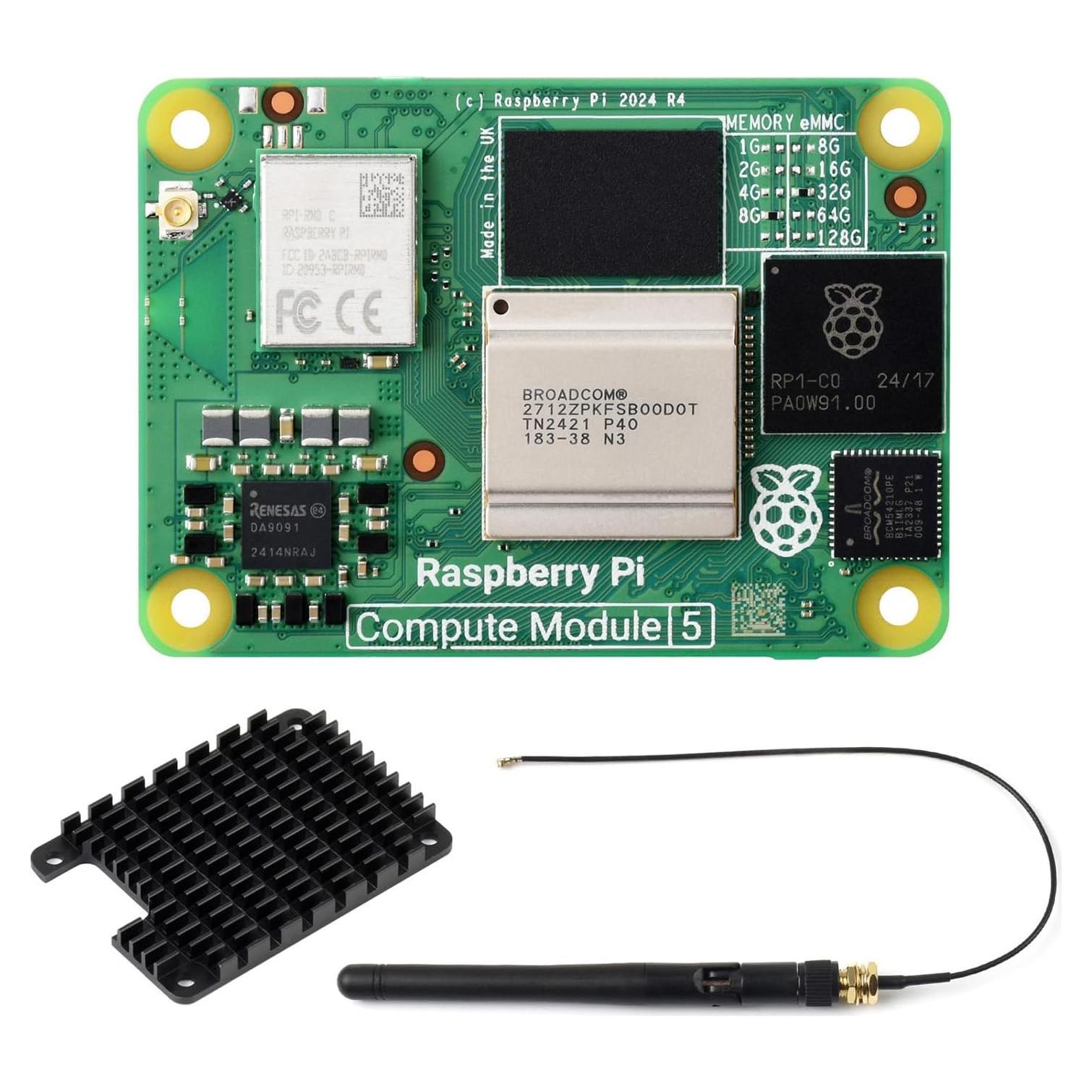 waveshare CM5 Pi Compute Module 5，Comes with an Official Raspberry Pi CM5108032 (with Wireless, 8GB RAM, 32GB eMMC Flash), an Antenna Kit and a HEATSINK. (3 Items)