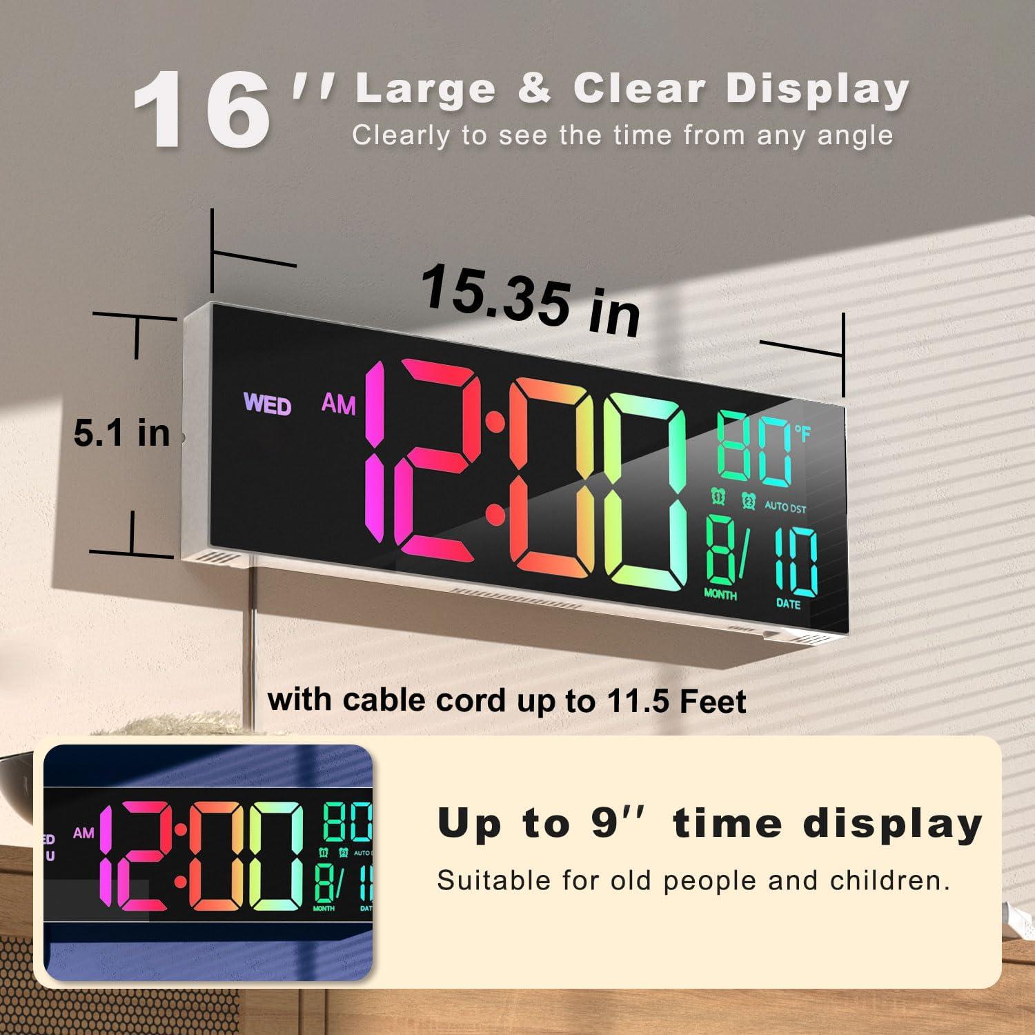 Reloj de Pared Digital JALL 16" LED con Alarma y Temporizador