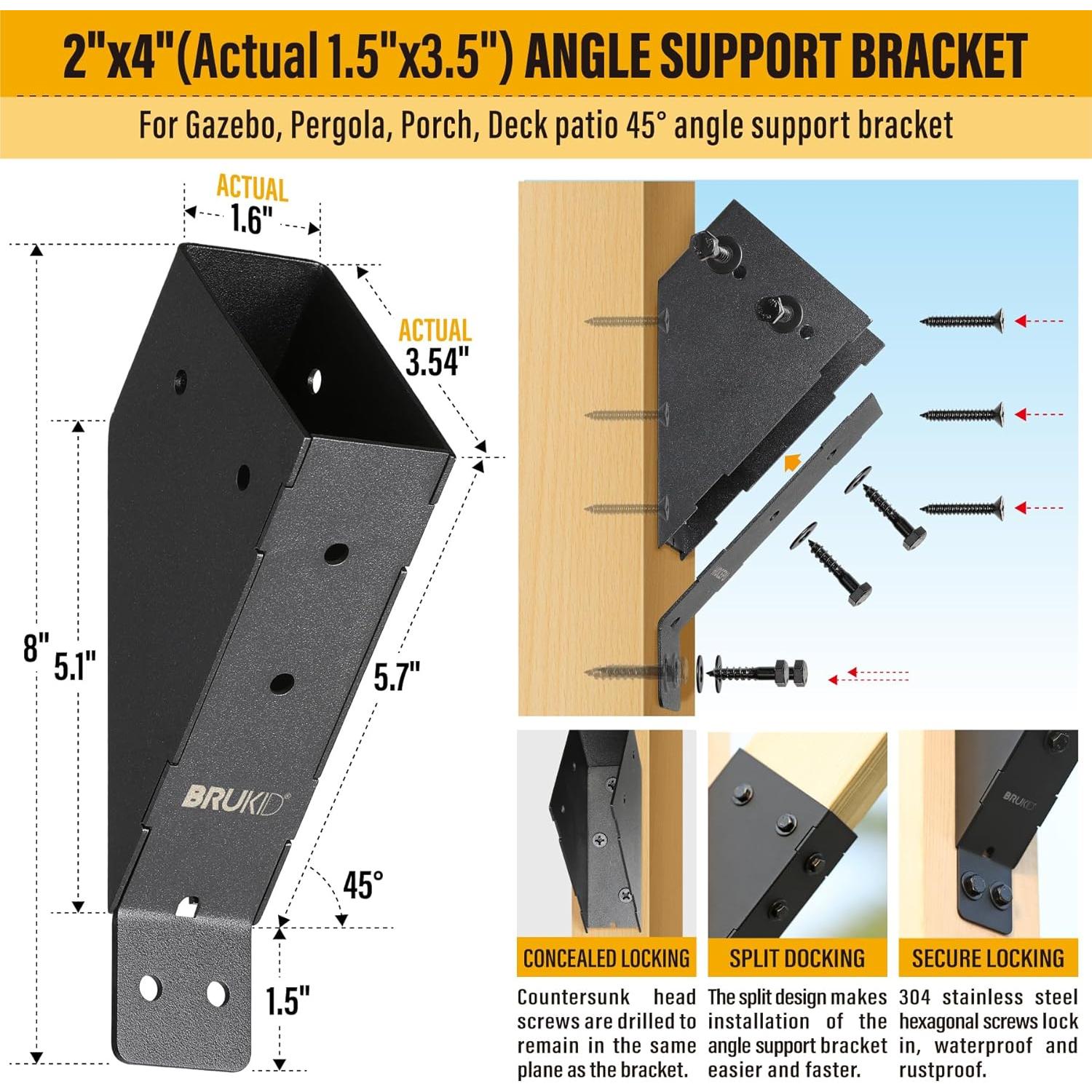 Soporte de Ángulo 45° Brukid para Madera 2x4 - 4 Piezas