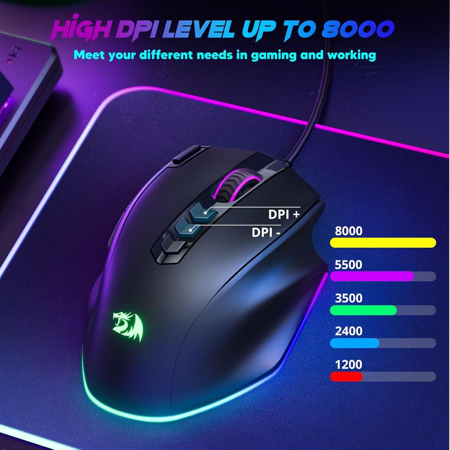 Ratón Gaming Redragon M614 Con Cable RGB 8000 DPI 11 Botones