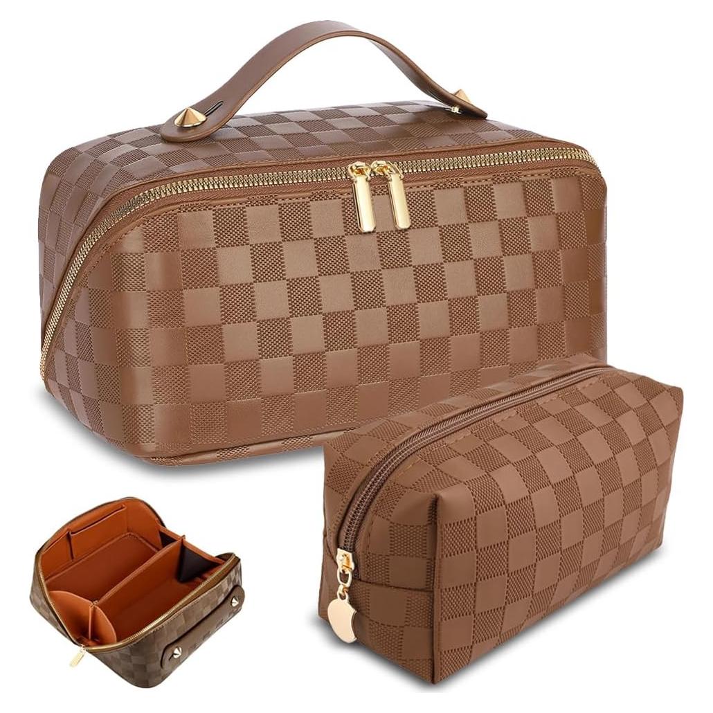 Set de 2 Bolsas de Maquillaje Impermeables Marrón - Gran Capacidad