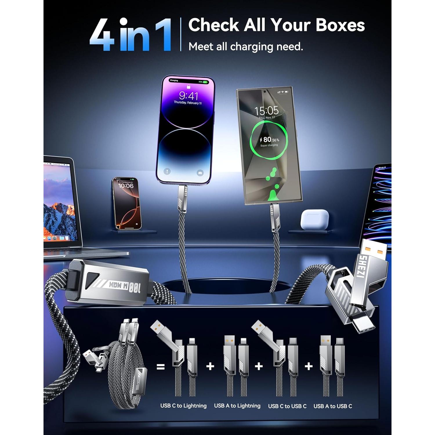 Cable Multi USB C SHEZI 4-en-1 100W Carga Rápida 1.52m