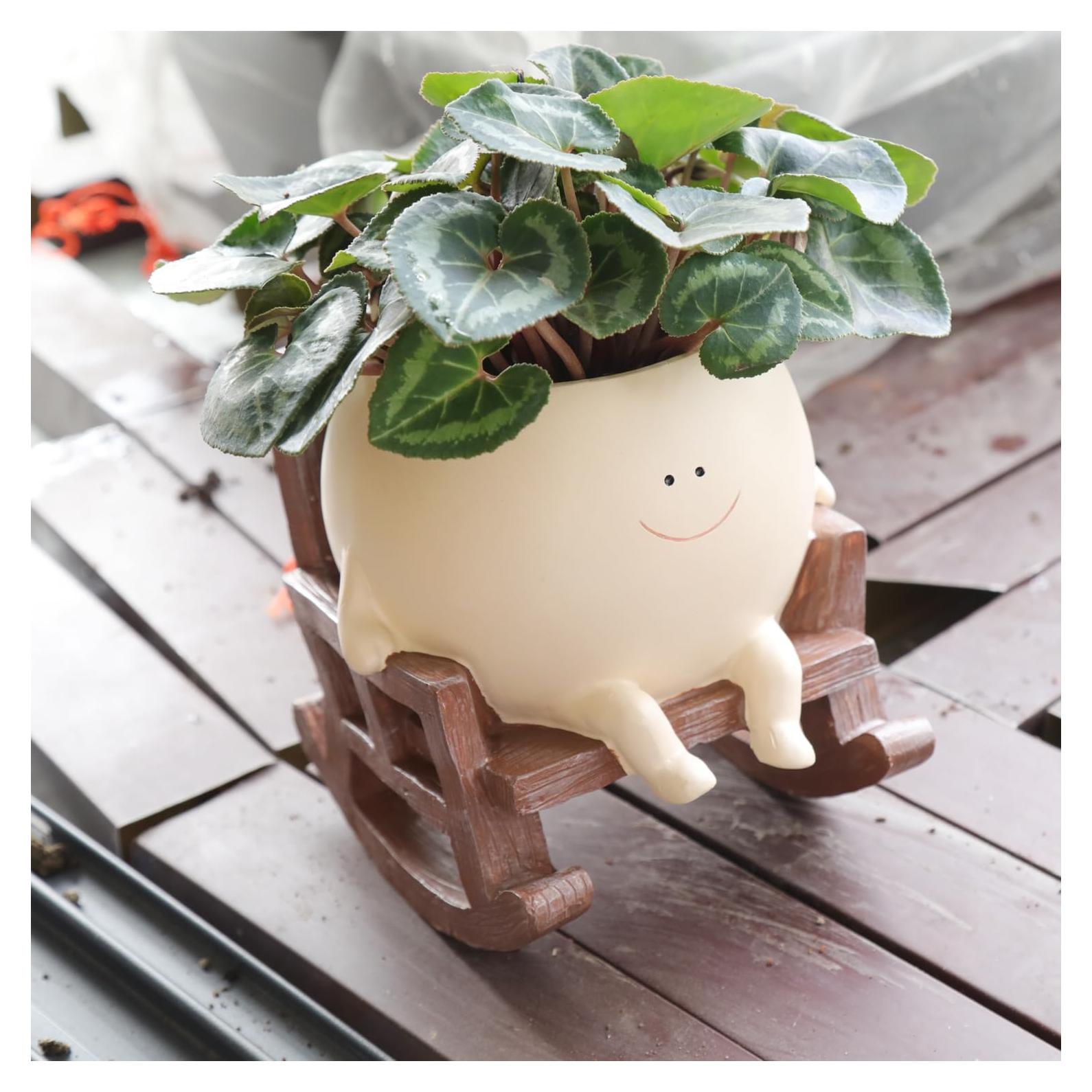 Maceta de Resina Grande UMESONG con Cara Sonriente Beige 15cm