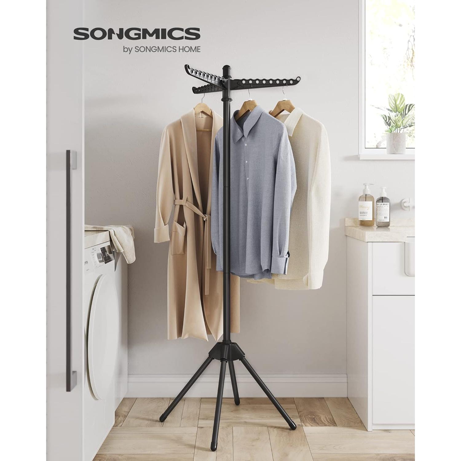 SONGMICS Clothes Drying Rack, 59-Inch Folding Laundry Drying Rack with 3 Rotatable Arms for Hangers, 4 Legs, Stainless Steel, for 27 Pieces of Clothes, Black ULLR510B01