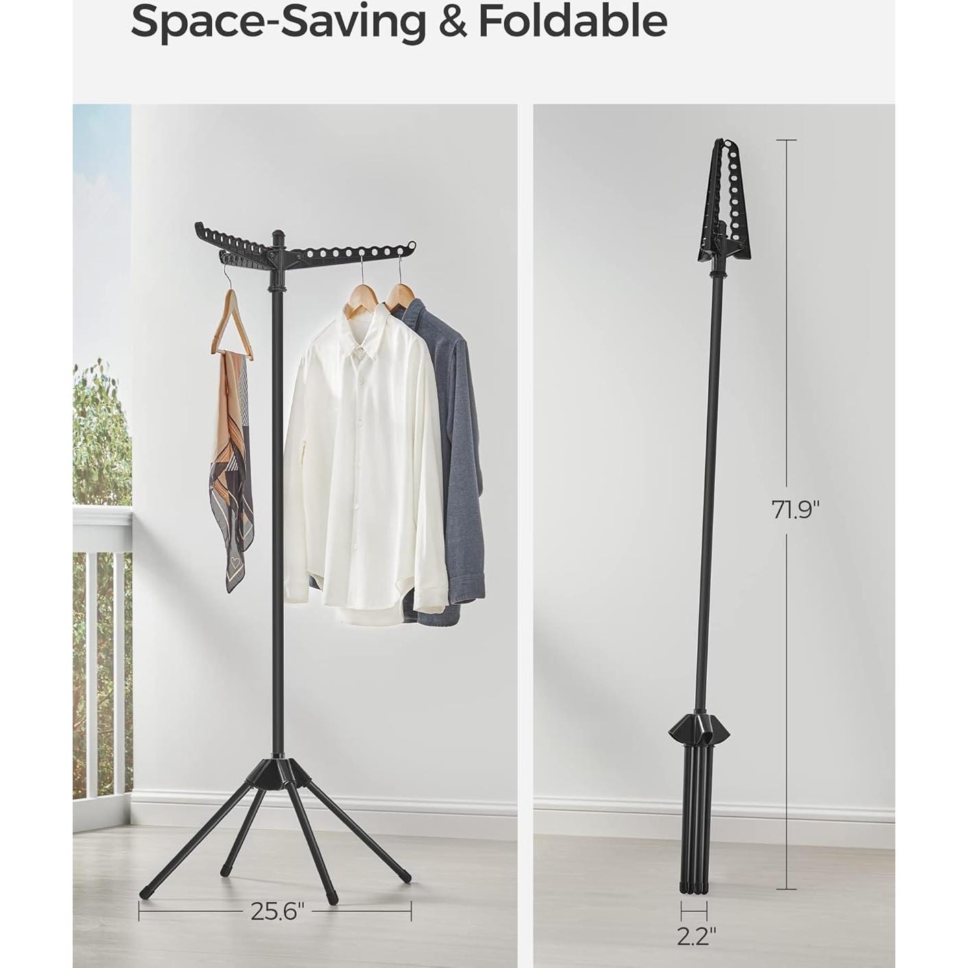 SONGMICS Clothes Drying Rack, 59-Inch Folding Laundry Drying Rack with 3 Rotatable Arms for Hangers, 4 Legs, Stainless Steel, for 27 Pieces of Clothes, Black ULLR510B01