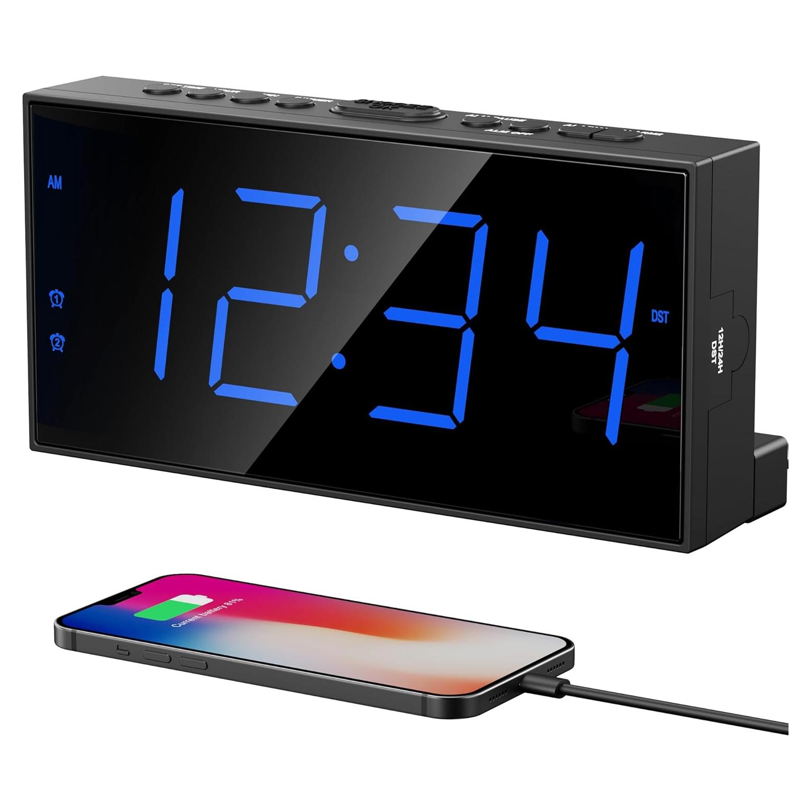 Reloj Despertador Digital Doble PPLEE 7" LED Azul con Cargador USB