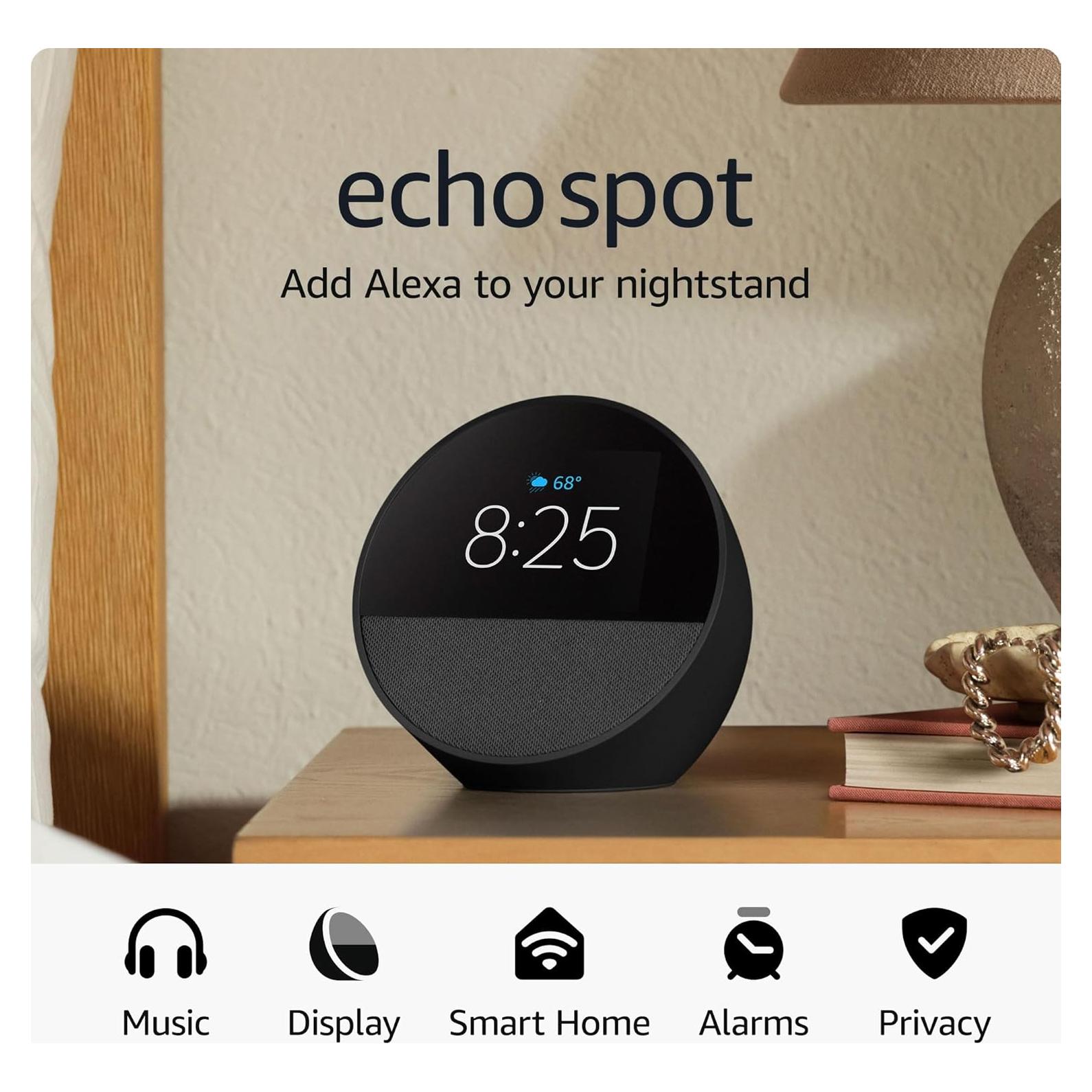 Amazon Echo Spot (newest model), Great for nightstands, offices and kitchens, Smart alarm clock with Alexa, Black
